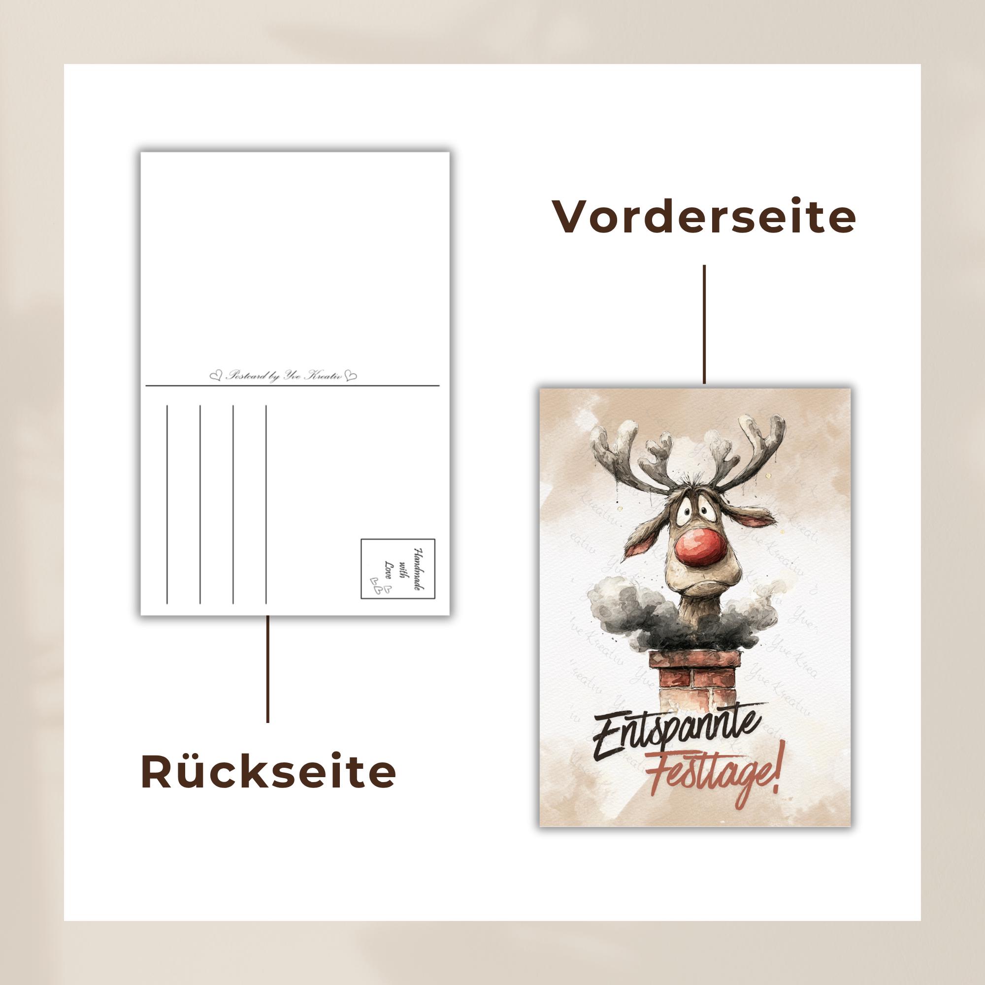 Postkarte Lustigers Rentier Grußkarte Karte zu Weihnachten Weihnachtskarte Geschenkkarte Leinenstruktur Karte A6 #PWE199