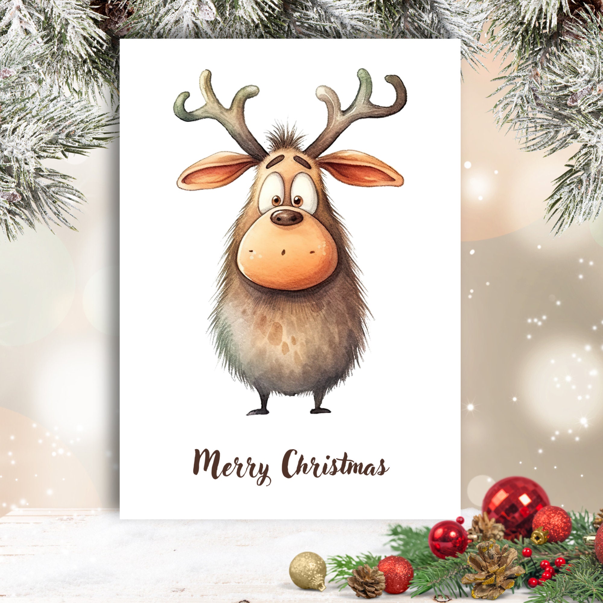 Postkarte, Grußkarte, Weihnachten, Rentier, Weihnachtskarte, Geschenkkarte I MIT oder OHNE Text "Merry Christmas"  #PLS