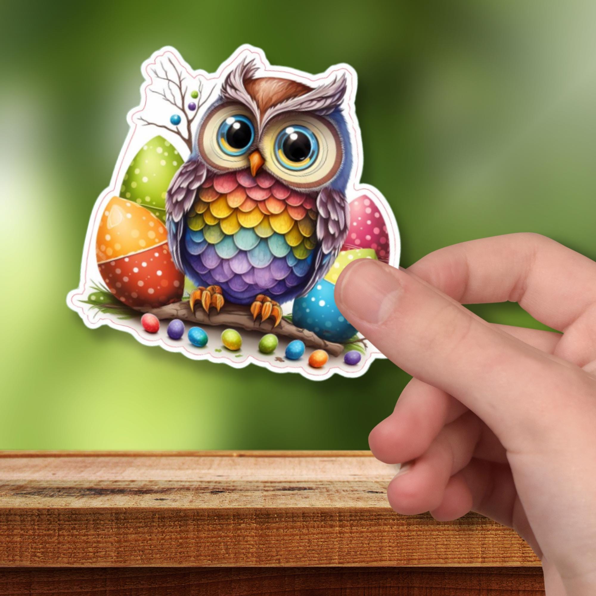 Aufkleber Ostern großer 8 cm Sticker Regenbogen Eule Deko Geschenkaufkleber - zur Auswahl in Weiß oder Transparent  #SEG8