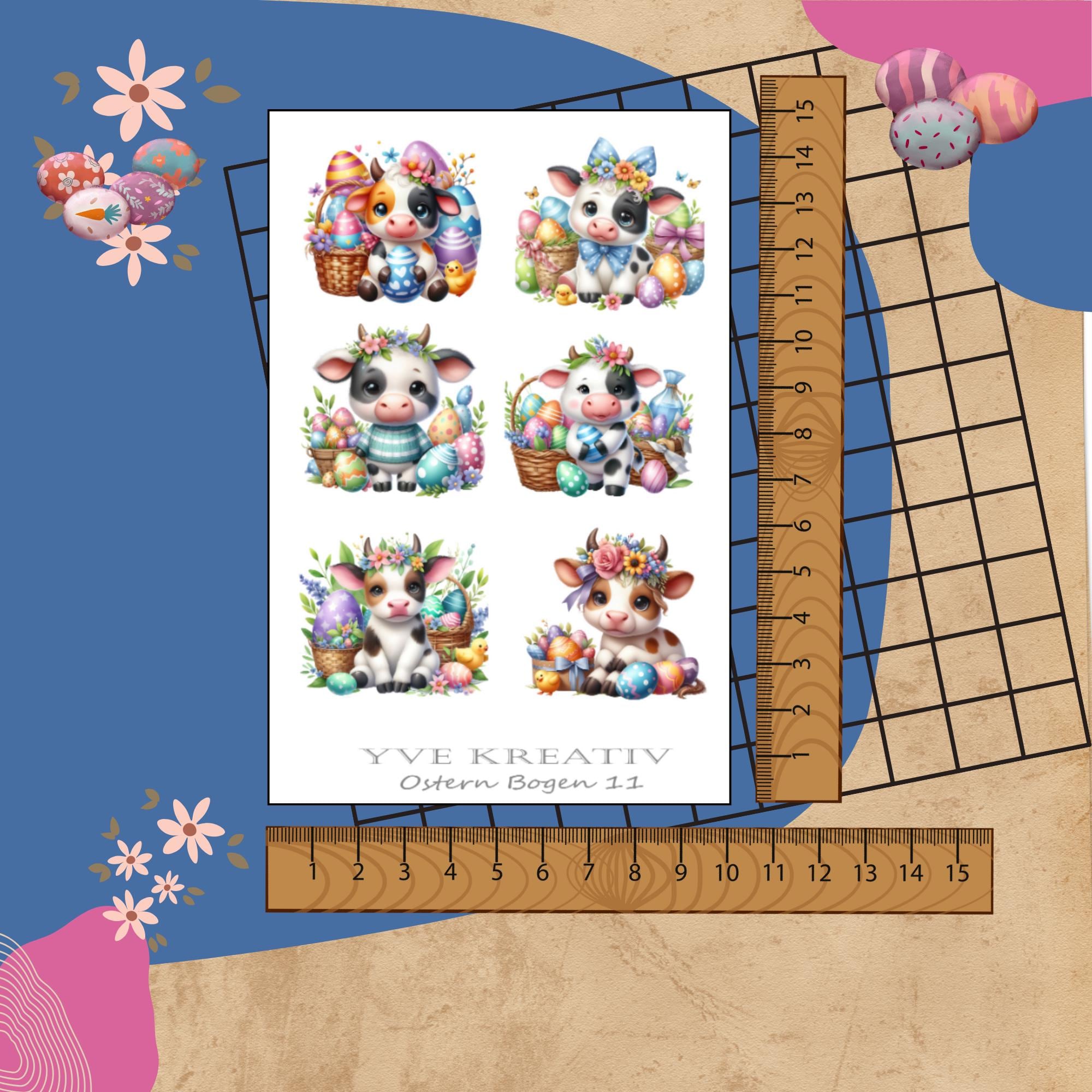 Sticker Bogen " Ostern - Kuh, Eule, Hase" | Sticker Set - Aufkleber 3 Stickerbogen zur Auswahl in Weiß - Transparent - Matt - Glanz #SBA6