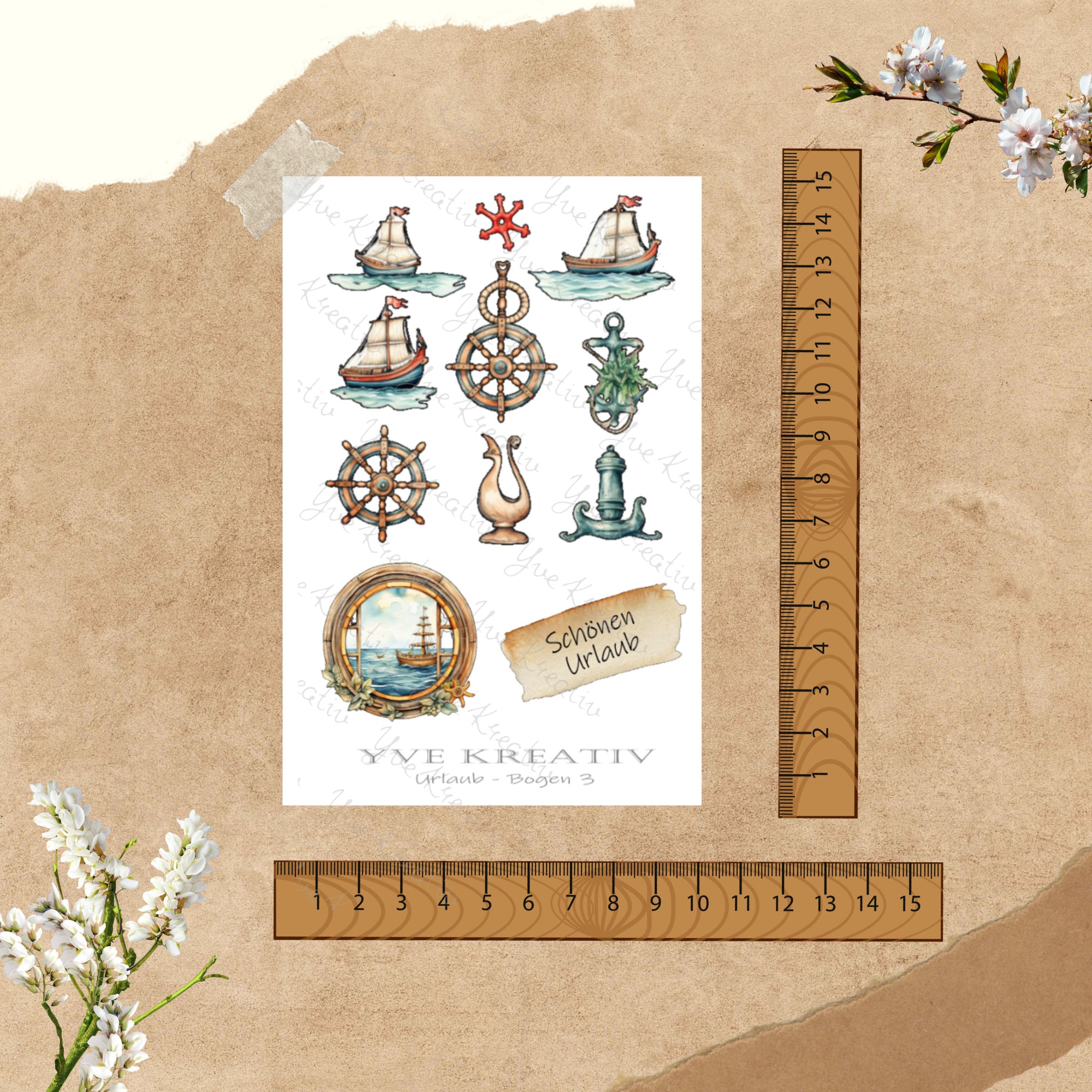 Sticker Bogen - Urlaub Meer Strand Maritim | Sticker Set - Journal Sticker - Aufkleber 4 Stickerbogen  zur Auswahl in Weiß oder Transparent