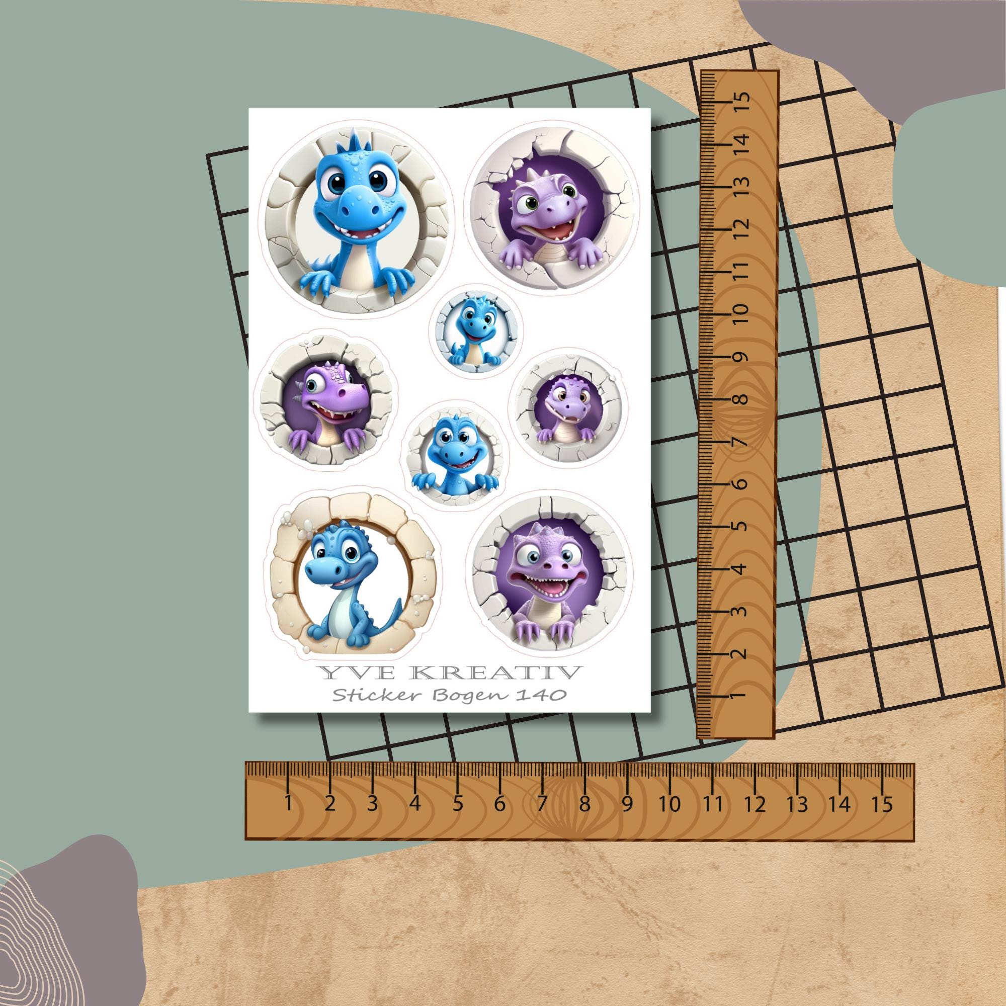 Aufkleber, Stickerbogen, Sticker Funny Dinos | Sticker Set - 3 Bögen zur Auswahl in Weiß - Transparent - Matt - Glanz  #SBA6