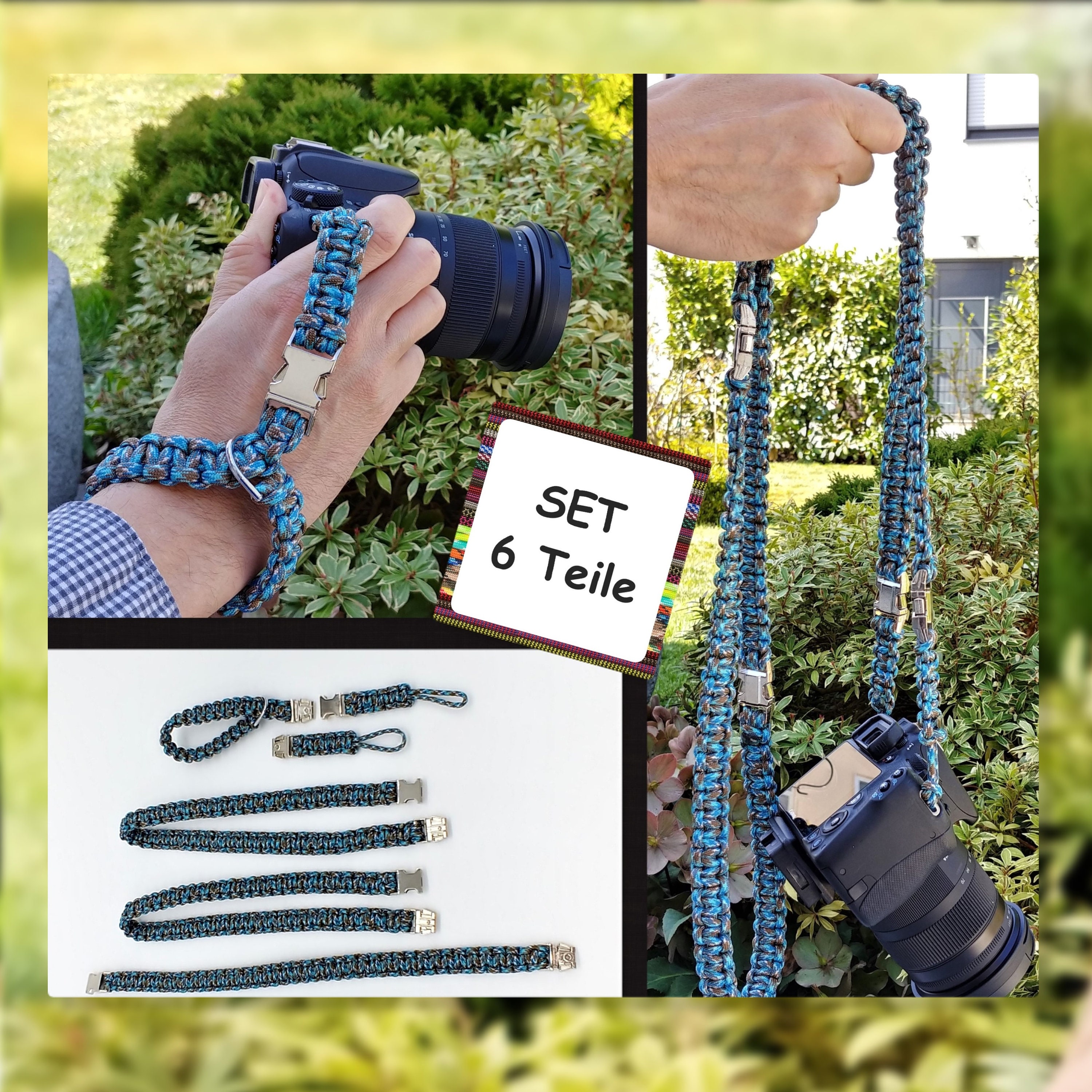 6 tlg. SET Kameragurt inkl. Handschlaufe geknotet aus Parachute Cord (Fallschirmschnur) Kamera Zubehör - Farbe "Türkis" 6 tlg. SET Kameragurt inkl. Handschlaufe geknotet aus Parachute Cord (Fallschirmschnur) Kamera Zubehör - Farbe "Türkis"