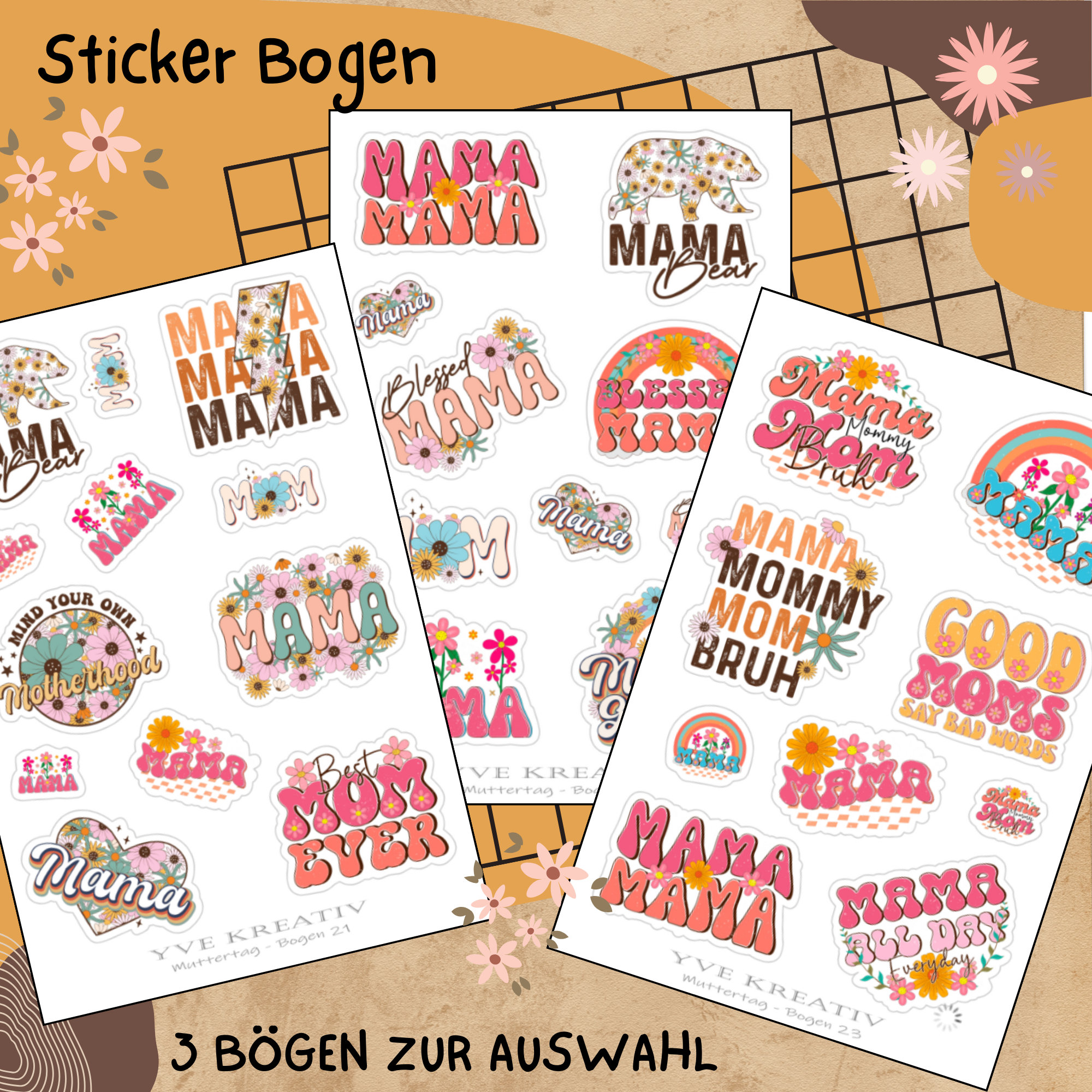 Sticker Bogen " Muttertag Best Mom " | Sticker Set - Aufkleber 3 Stickerbogen zur Auswahl in Weiß - Transparent - Matt - Glanz