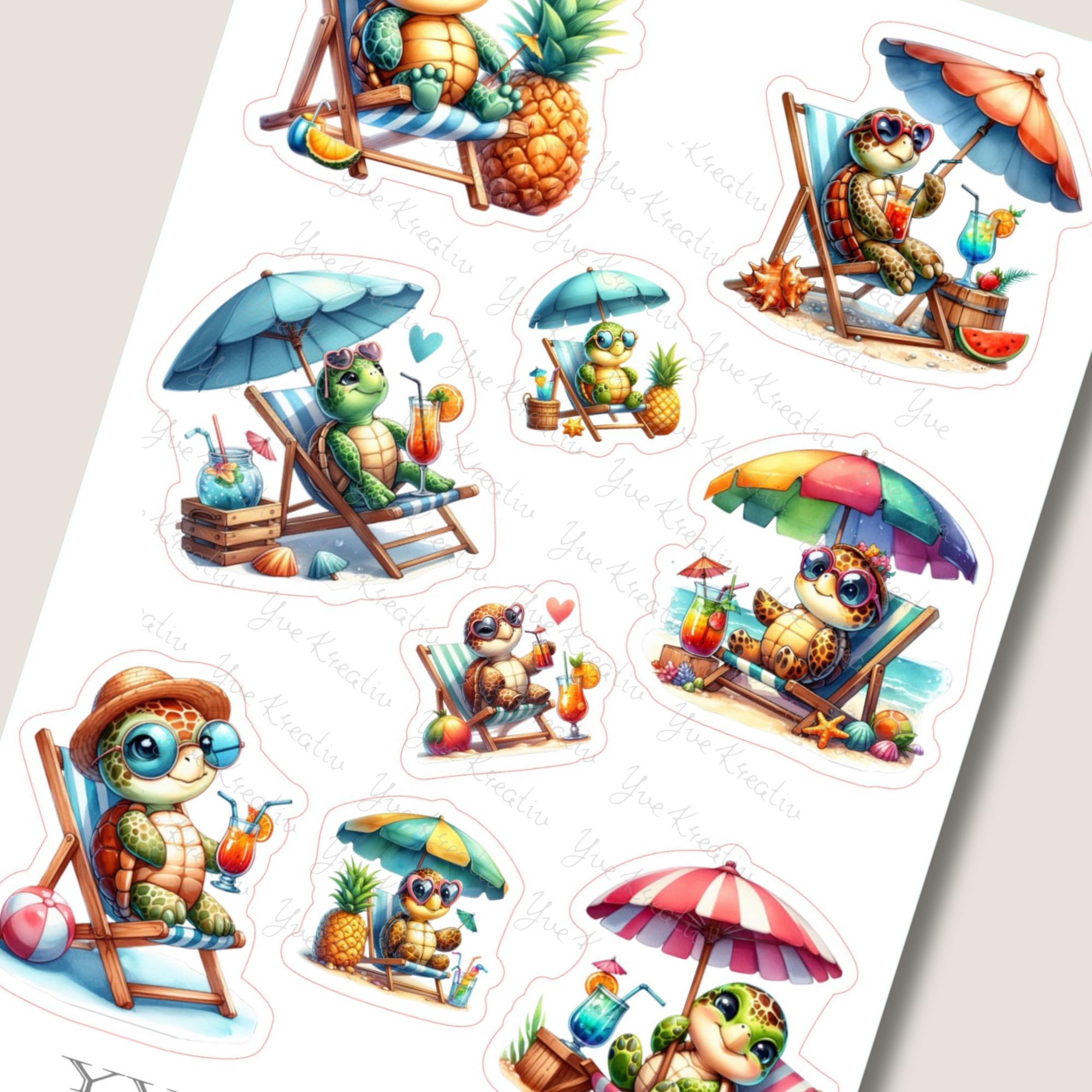 Aufkleber Urlaub Schildkröte Stickerbogen Strand Reise Sticker Set - 3 Bögen zur Auswahl in Weiß - Transparent - Matt - Glanz  #SBA6