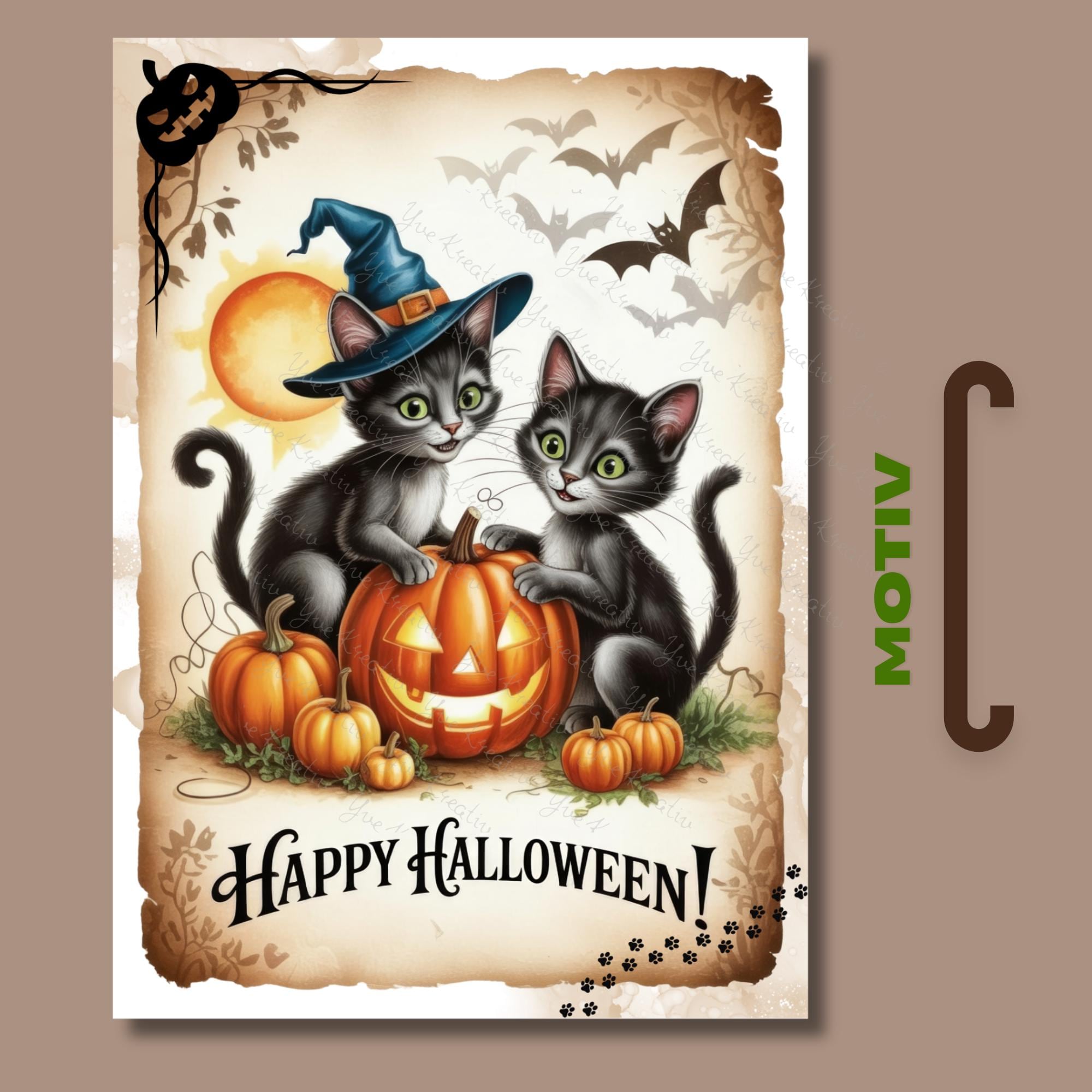 Postkarte Halloween Katzen Glückwunschkarte Herbst Grußkarte Geschenkkarte DIN A6 Geschenk Freundin Mitbringsel Katzenbesitzer #PLS