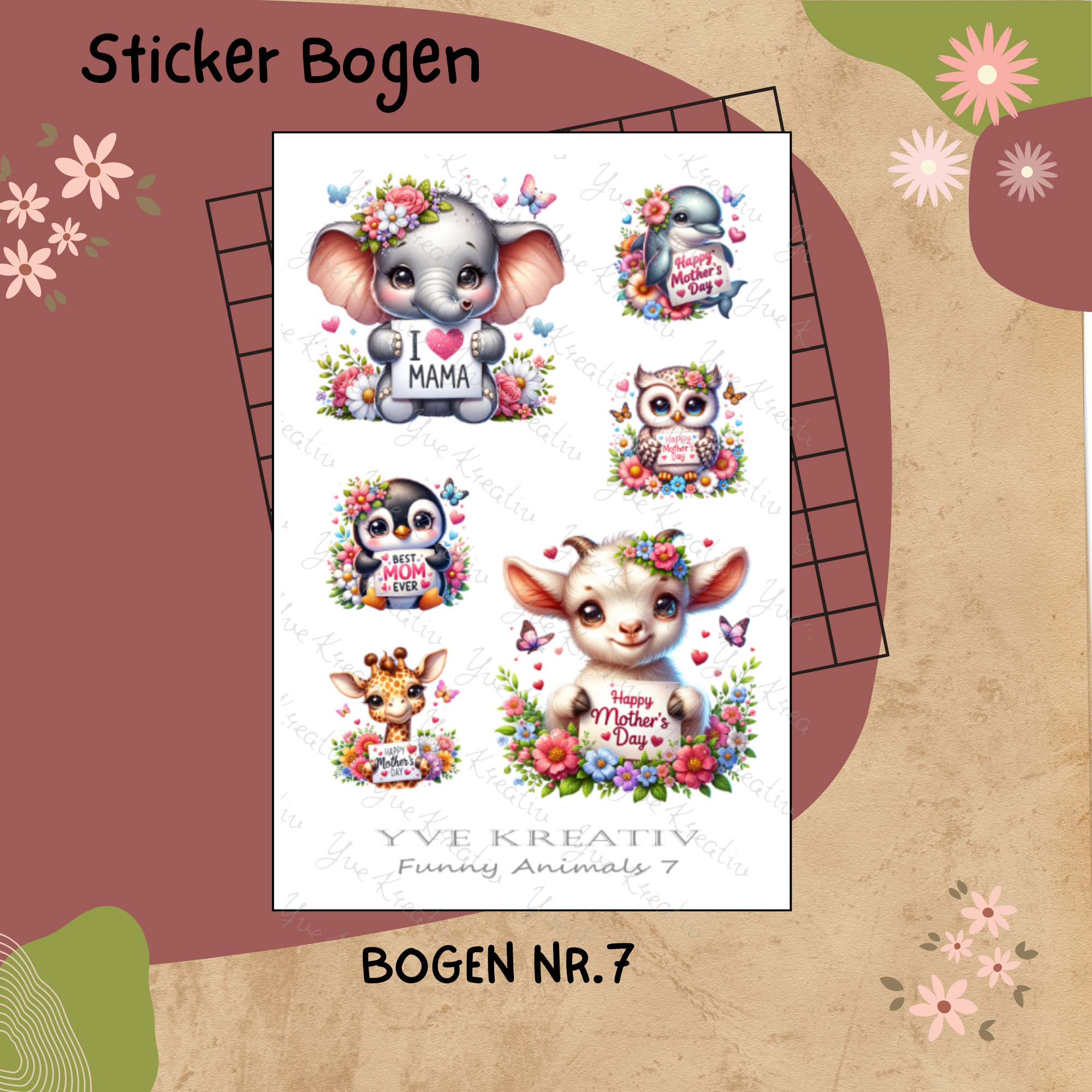 Sticker Bogen "Niedliche Tiere zum Muttertag" | Sticker Set - Aufkleber Stickerbogen zur Auswahl in Weiß - Transparent - Matt - Glanz