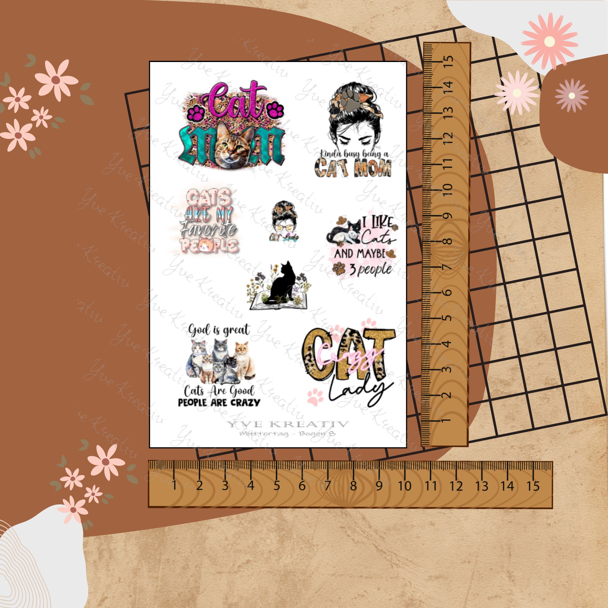Sticker Bogen "Muttertag Katzen Mama" | Sticker Set - Aufkleber 2 Stickerbogen zur Auswahl in Weiß - Transparent - Matt - Glanz
