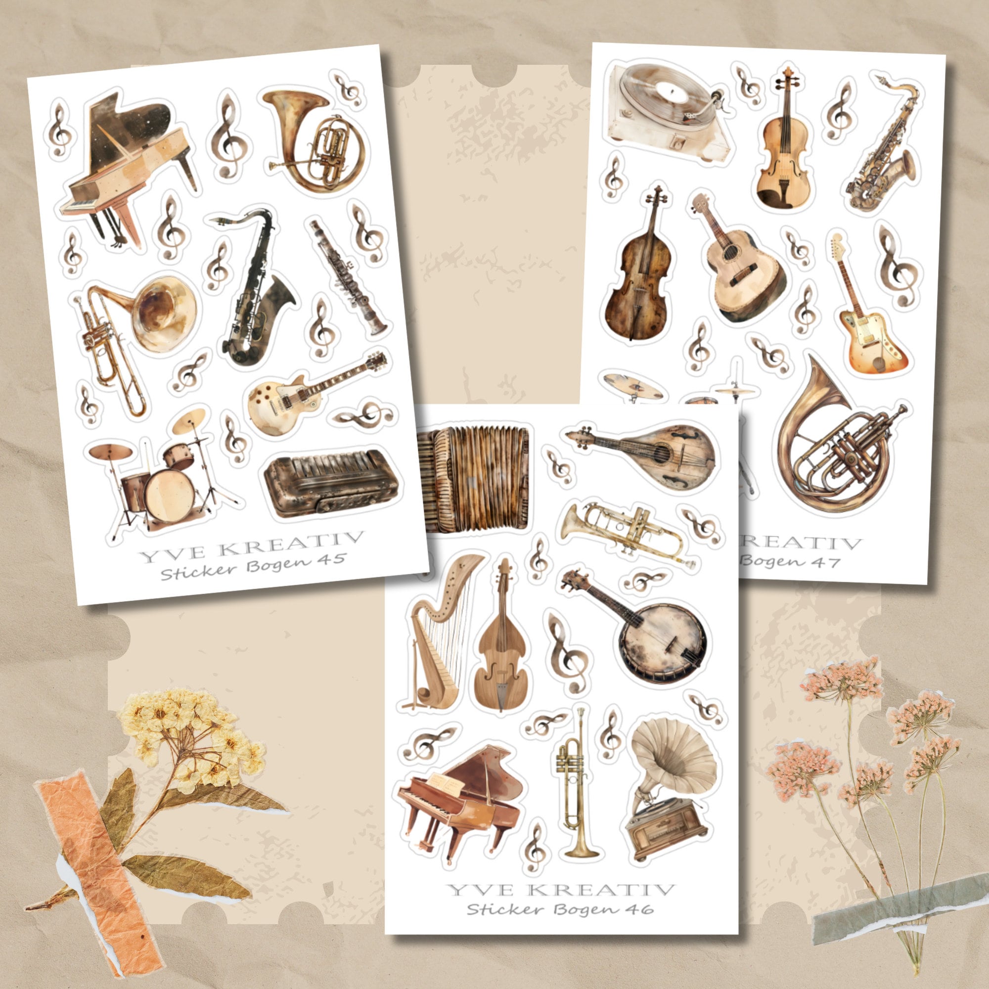 Sticker Bogen, Musik Instrumente, Sticker Set, Aufkleber, 3 Stickerbogen zur Auswahl in Weiß - Transparent - Matt - Glanz#SBA6