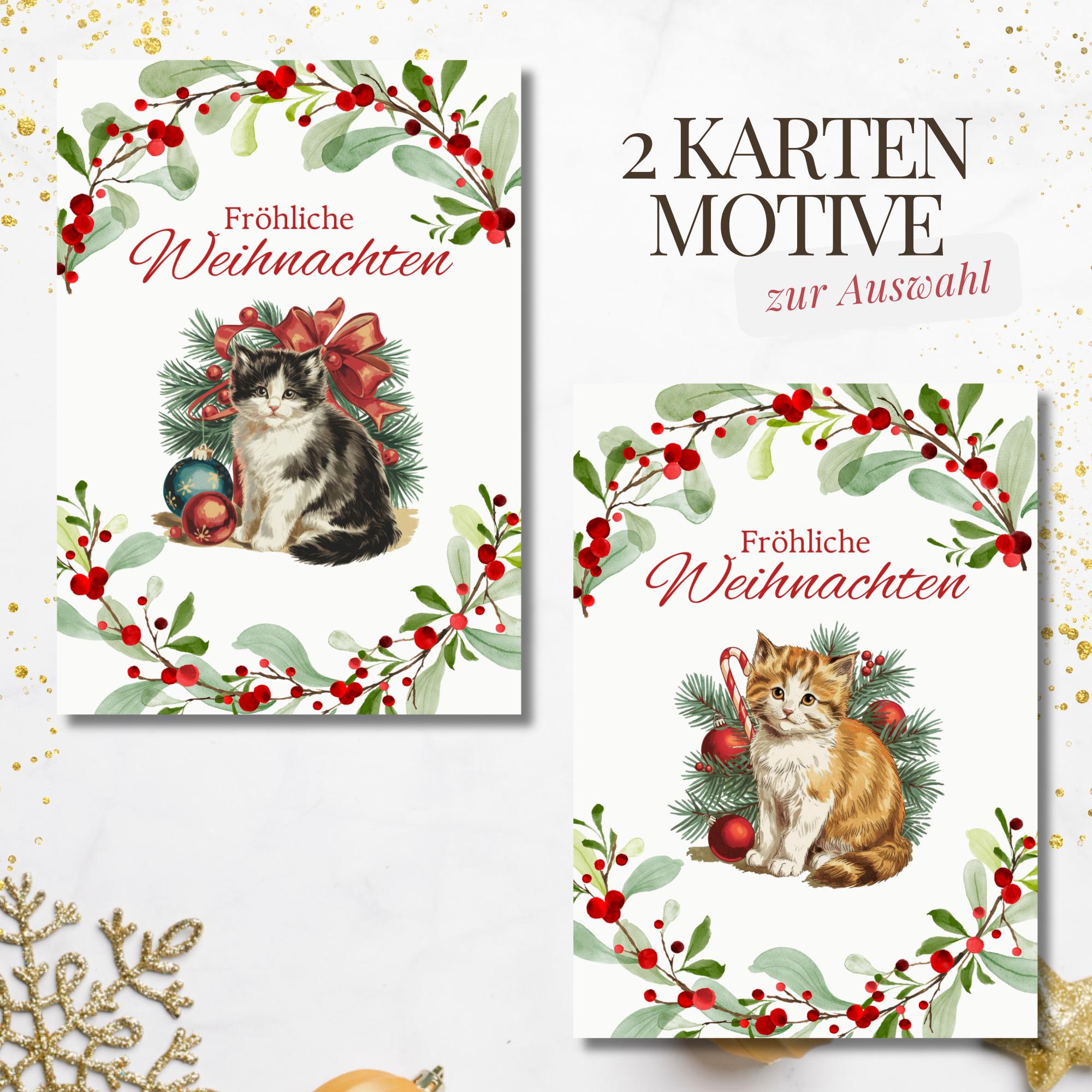 Weihnachtskarte Katze, 2 Kartenmotive zur Auswahl, Postkarte, Geschenkkarte, Weihnachtsgruß, Grußkarte Weihnachten  #PLS
