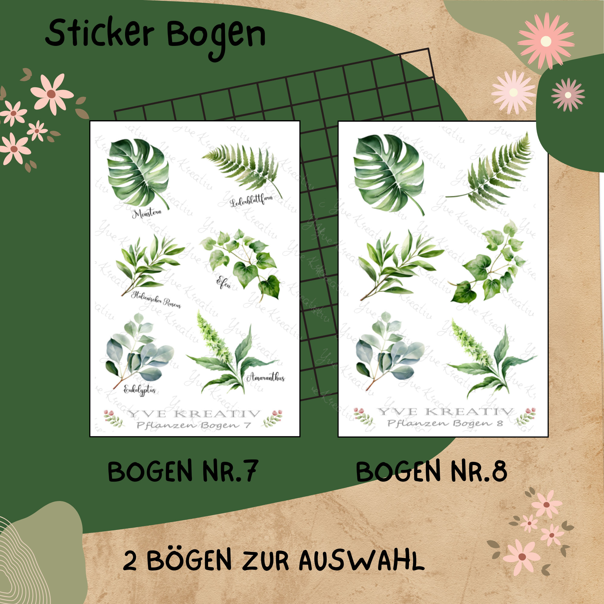 Sticker Bogen " Pflanzen Pflanzenkunde Blumen Grün " | Set - Aufkleber 2 Stickerbogen zur Auswahl in Weiß - Transparent - Matt - Glanz