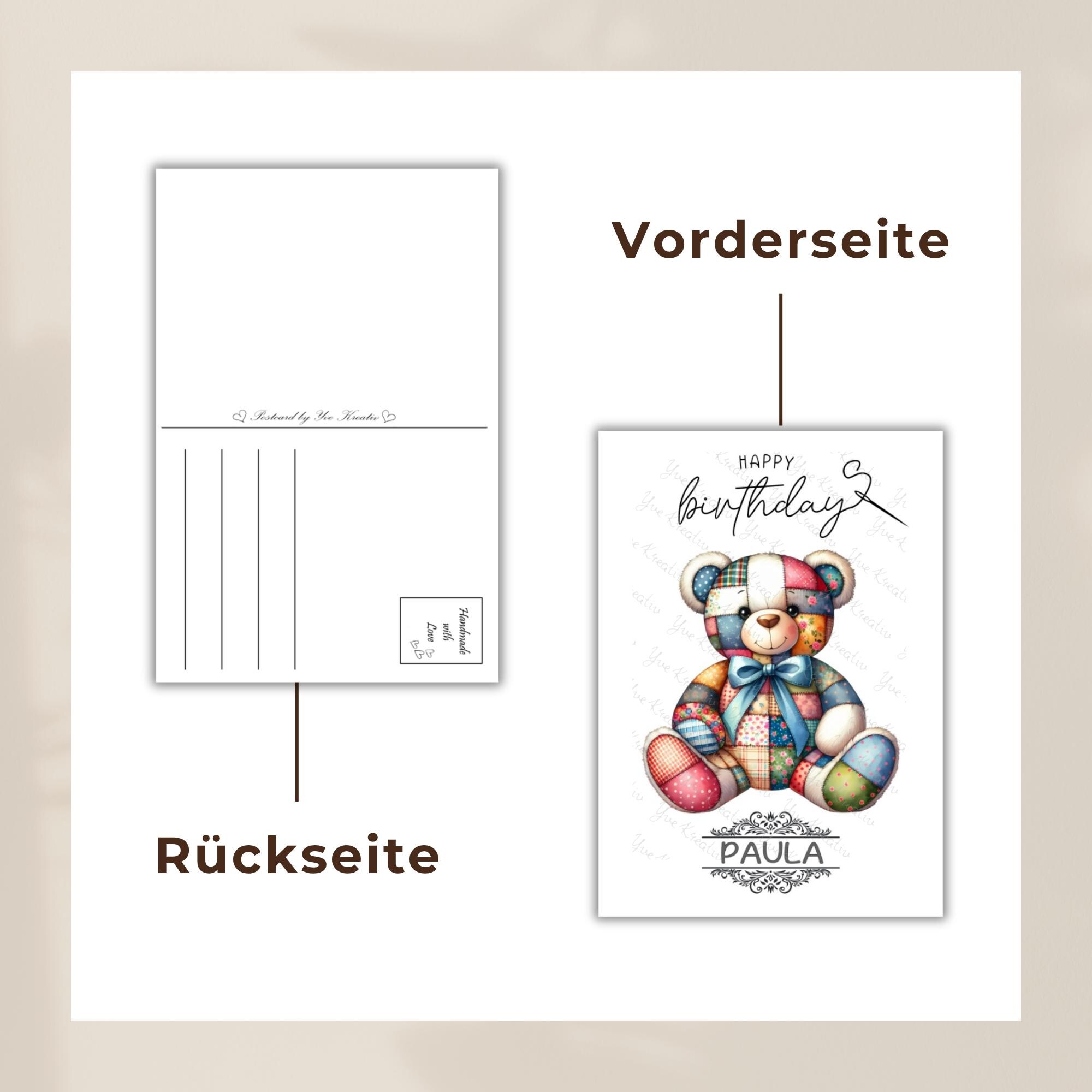 Postkarte Teddy Bär personalisiert mit Namen Grußkarte Happy Birthday Karte Geburtstag Geburtstagskarte Patchwork Stil #PHO Postkarte Teddy Bär personalisiert mit Namen Grußkarte Happy Birthday Karte Geburtstag Geburtstagskarte Patchwork Stil #PHO
