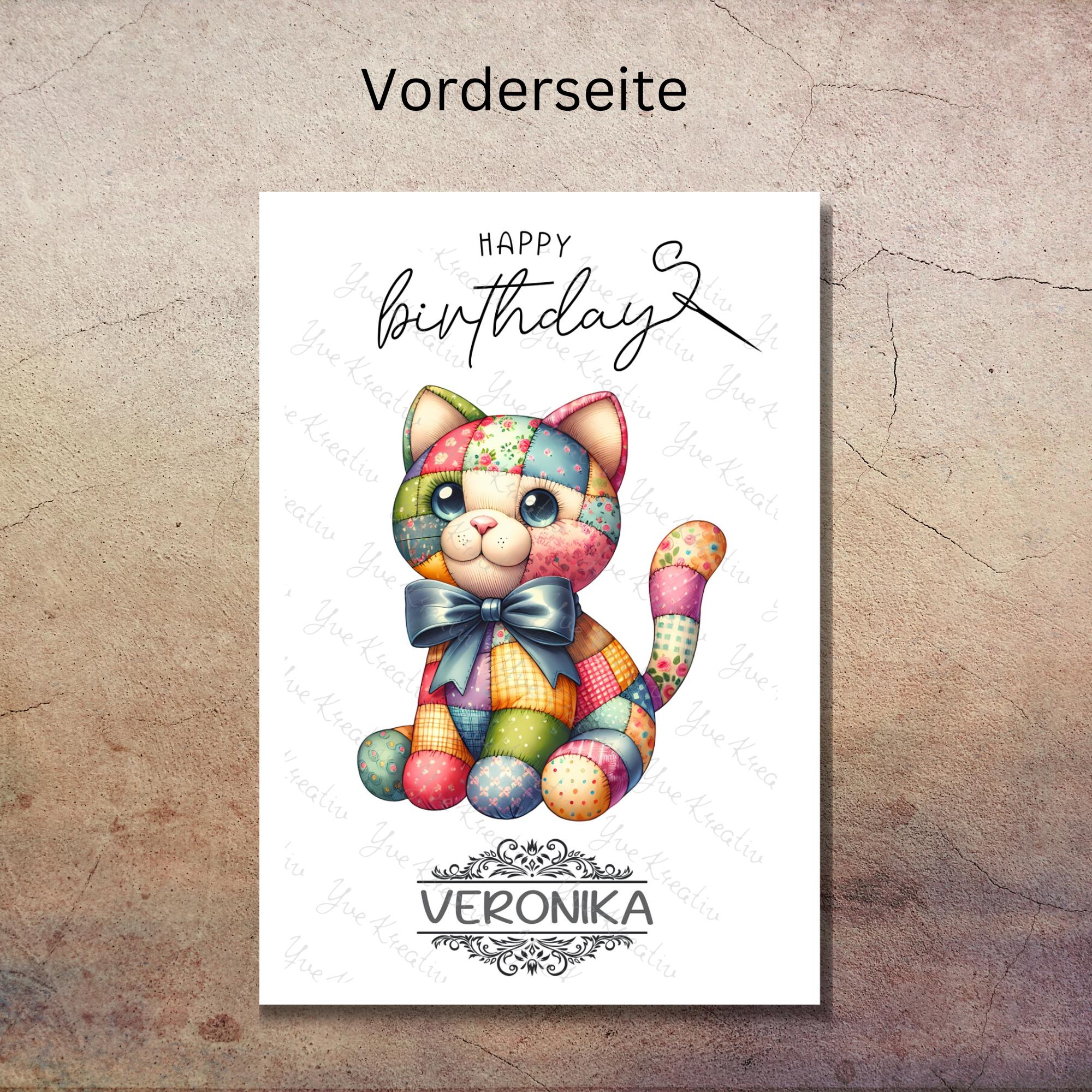 Postkarte personalisiert mit Namen Grußkarte Happy Birthday Karte Geburtstag Geburtstagskarte I Patchwork Katze #PHO