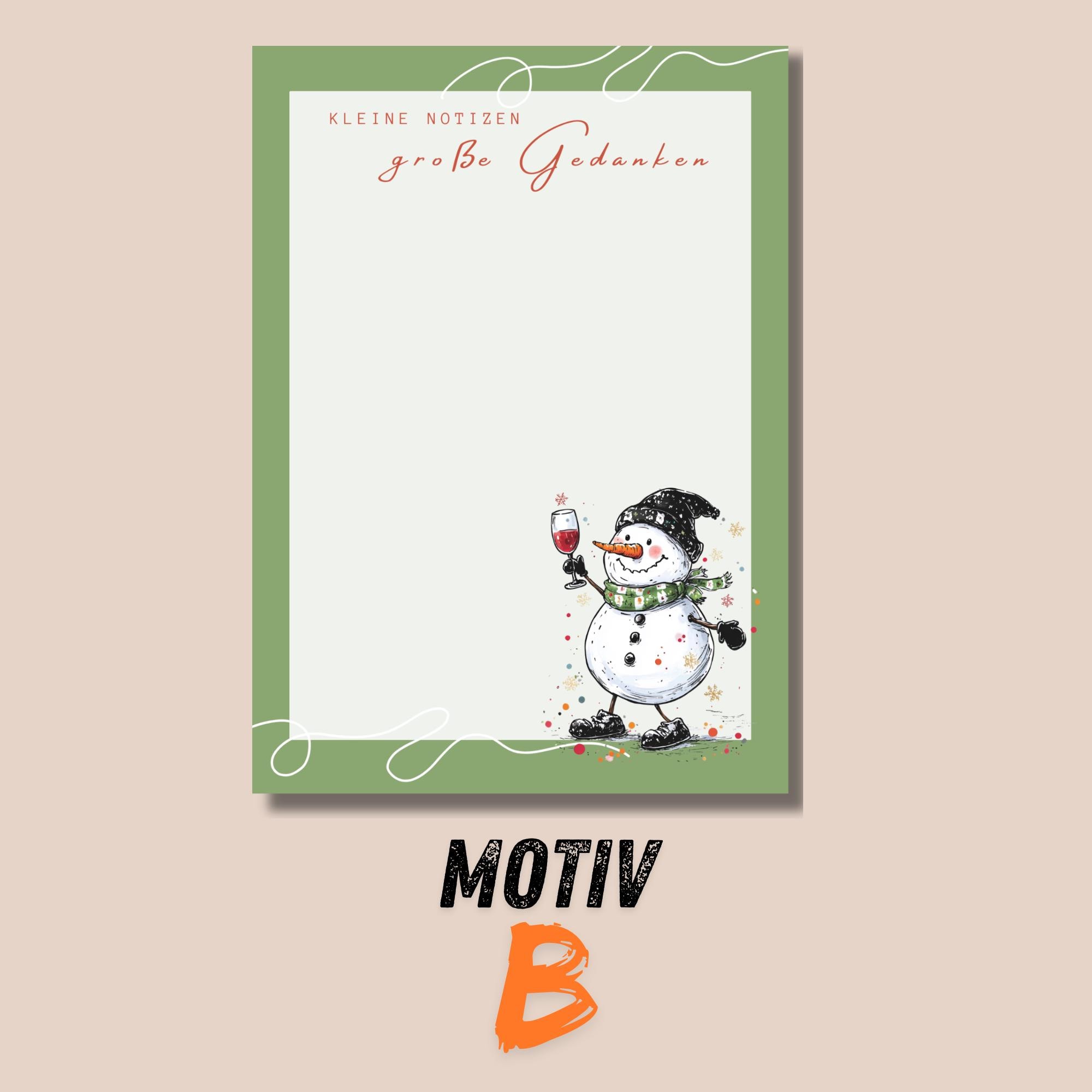 Notizblock 50 Zettel, 3 "Schneemann mit Wein" Motive zur Auswahl, A6 Block Schreibblock Zettelblock Abreisblock mit Leimbindung  #A6K50