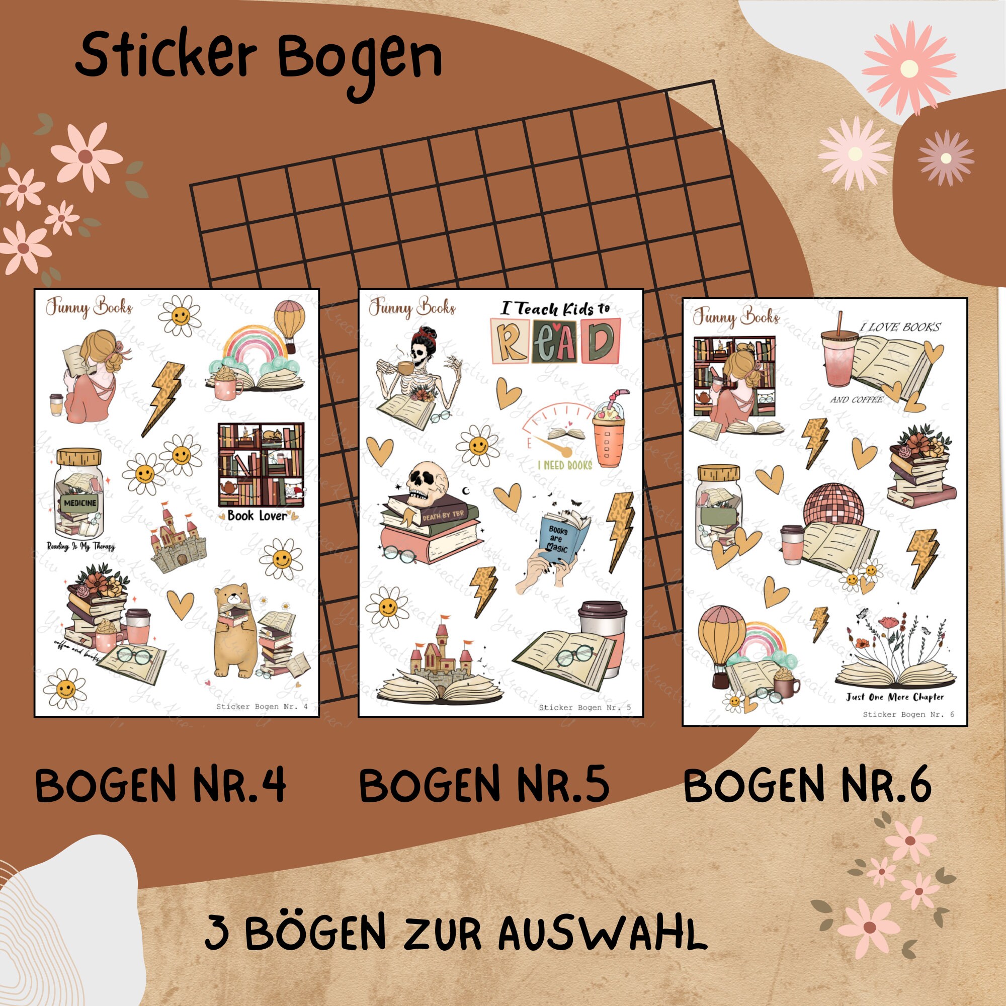 Sticker Bogen, Funny Books, Bücher Lesen, Sticker Set, Aufkleber, 3 Stickerbogen zur Auswahl in Weiß - Transparent - Matt - Glanz