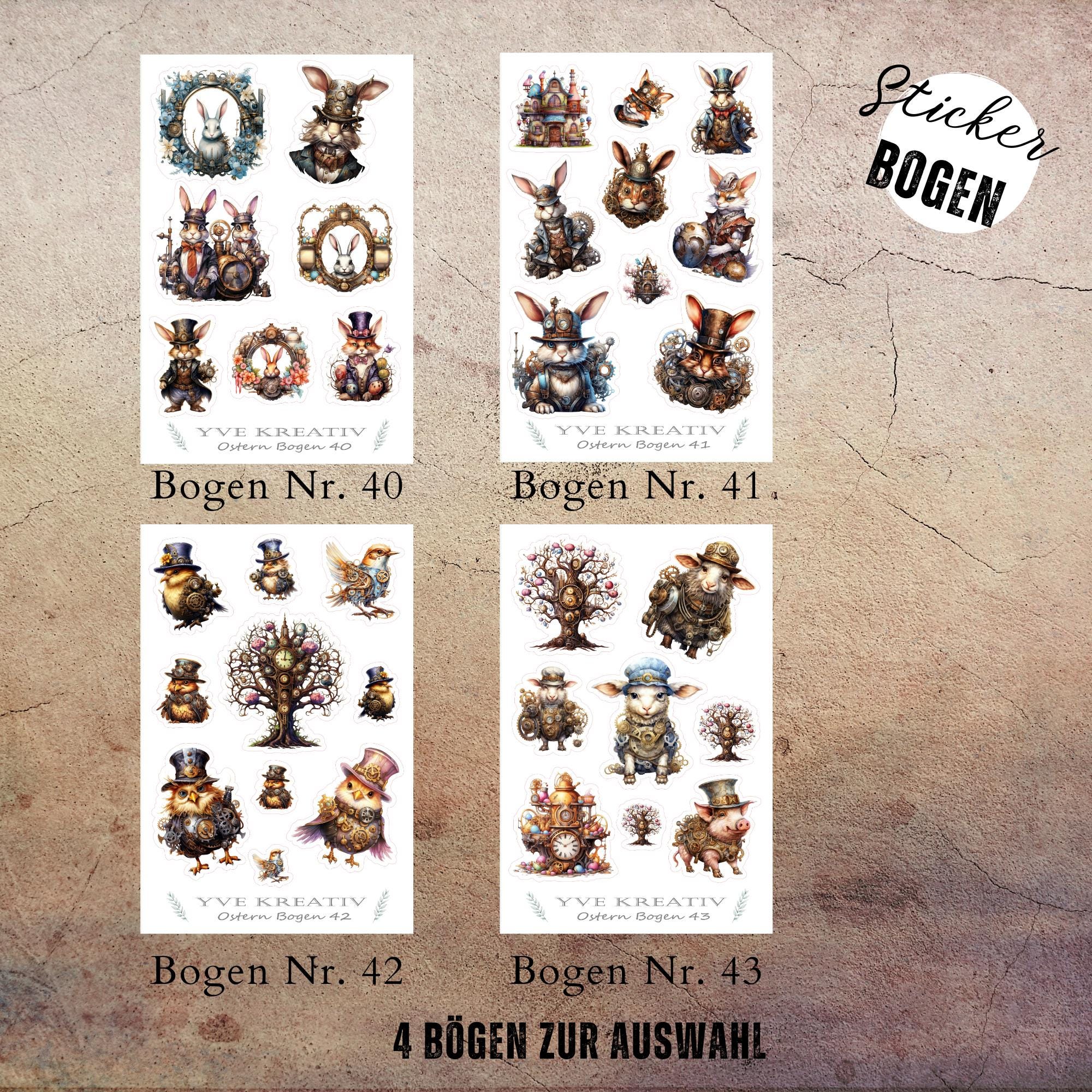 Sticker Bogen Aufkleber "Ostern Steampunk" | Sticker Set - 4 Stickerbogen zur Auswahl in Weiß - Transparent - Matt - Glanz #SBA6 Sticker Bogen Aufkleber "Ostern Steampunk" | Sticker Set - 4 Stickerbogen zur Auswahl in Weiß - Transparent - Matt - Glanz #SBA6