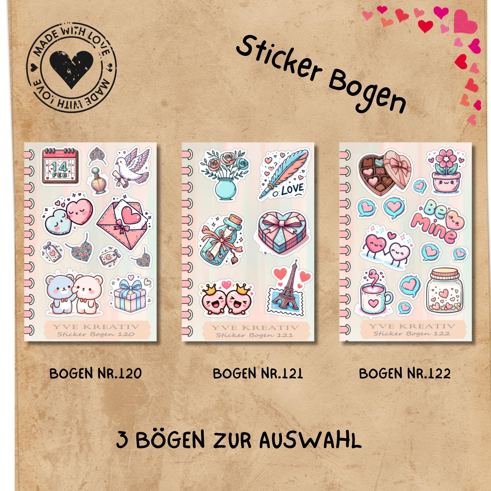 Aufkleber Bogen " Love Valentinstag" | Sticker Set - Aufkleber 3 Stickerbogen zur Auswahl in Weiß - Transparent - Matt - Glanz  #SBA6