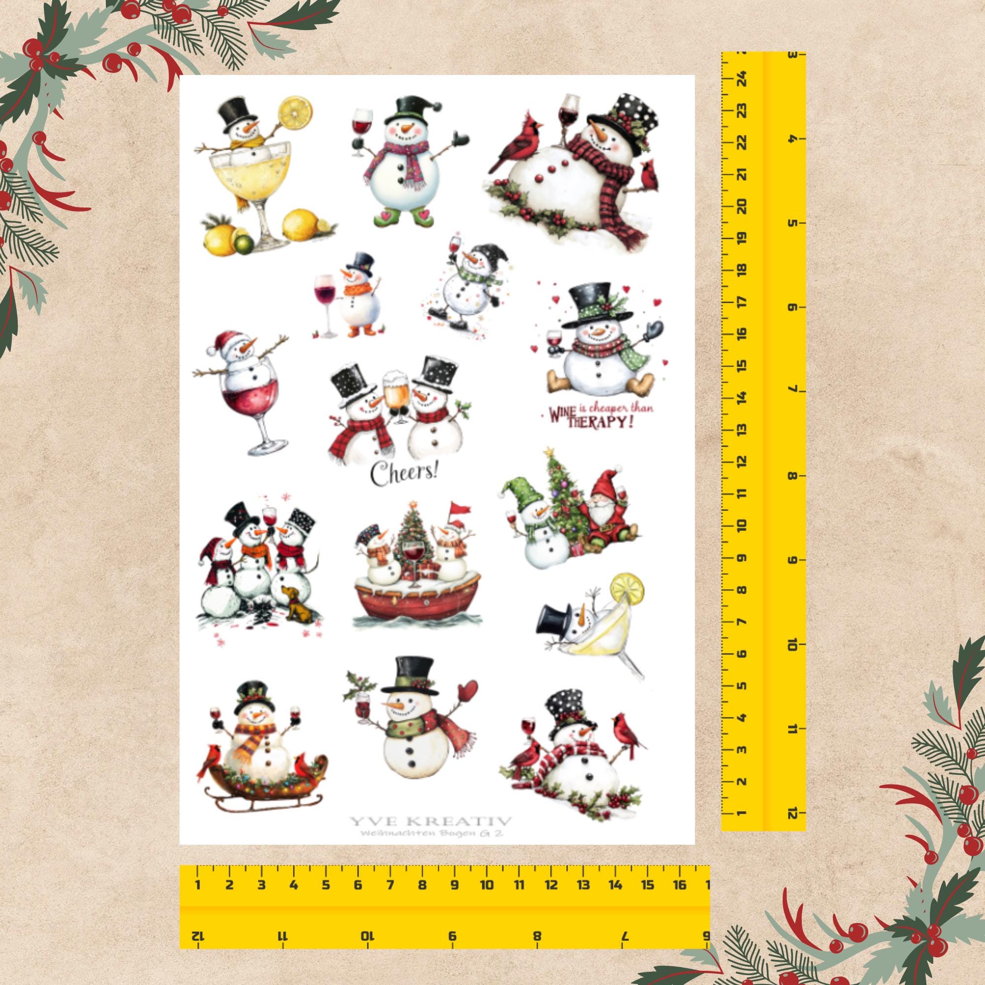 Weihnachtsaufkleber Stickerbogen 16x24 cm "Schneemann mit Wein" |  Aufkleber Sticker zur Auswahl in Weiß - Transparent - Matt - Glanz  #SBA5