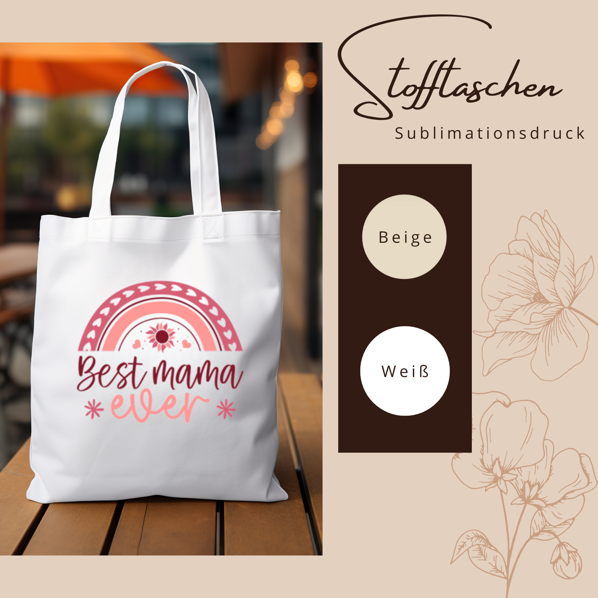 Stofftasche, Stoffbeutel, "Beste Mama", Einkaufstasche, Tasche, Geschenk zum Muttertag, Geburtstag, in Weiß oder Beige  #STSUB