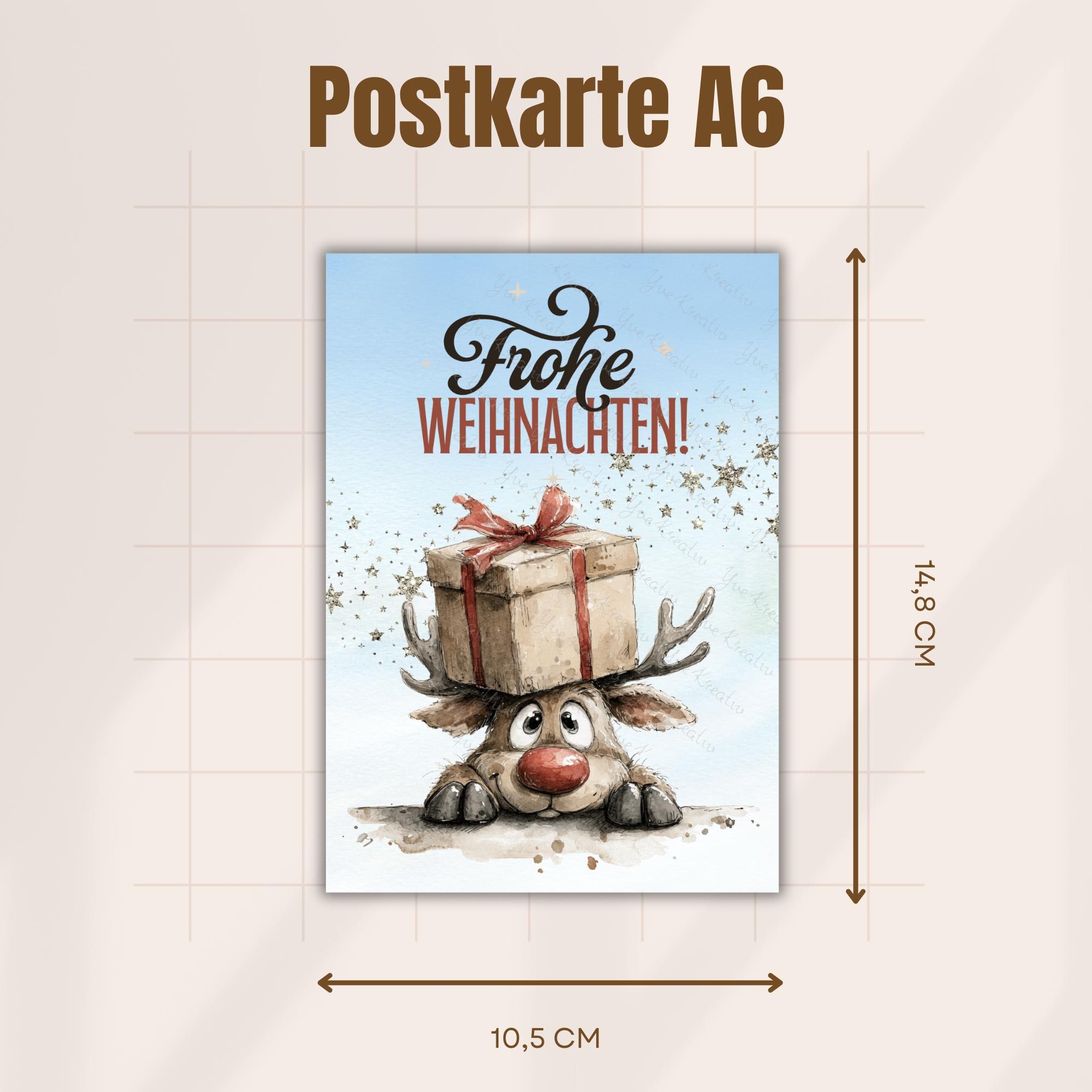 Postkarte Lustiges Rentier Grußkarte Karte zu Weihnachten Wintergrußkarte Weihnachtskarte Geschenkkarte Hochglanz Karte A6 #PWE201