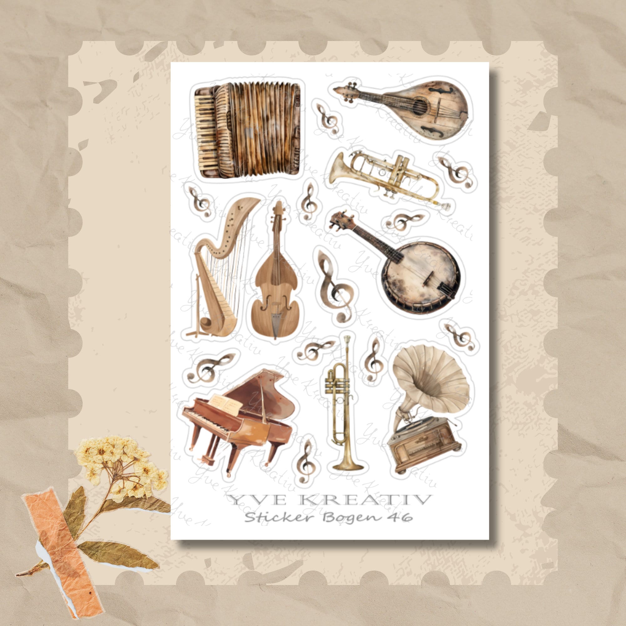 Sticker Bogen, Musik Instrumente, Sticker Set, Aufkleber, 3 Stickerbogen zur Auswahl in Weiß - Transparent - Matt - Glanz#SBA6