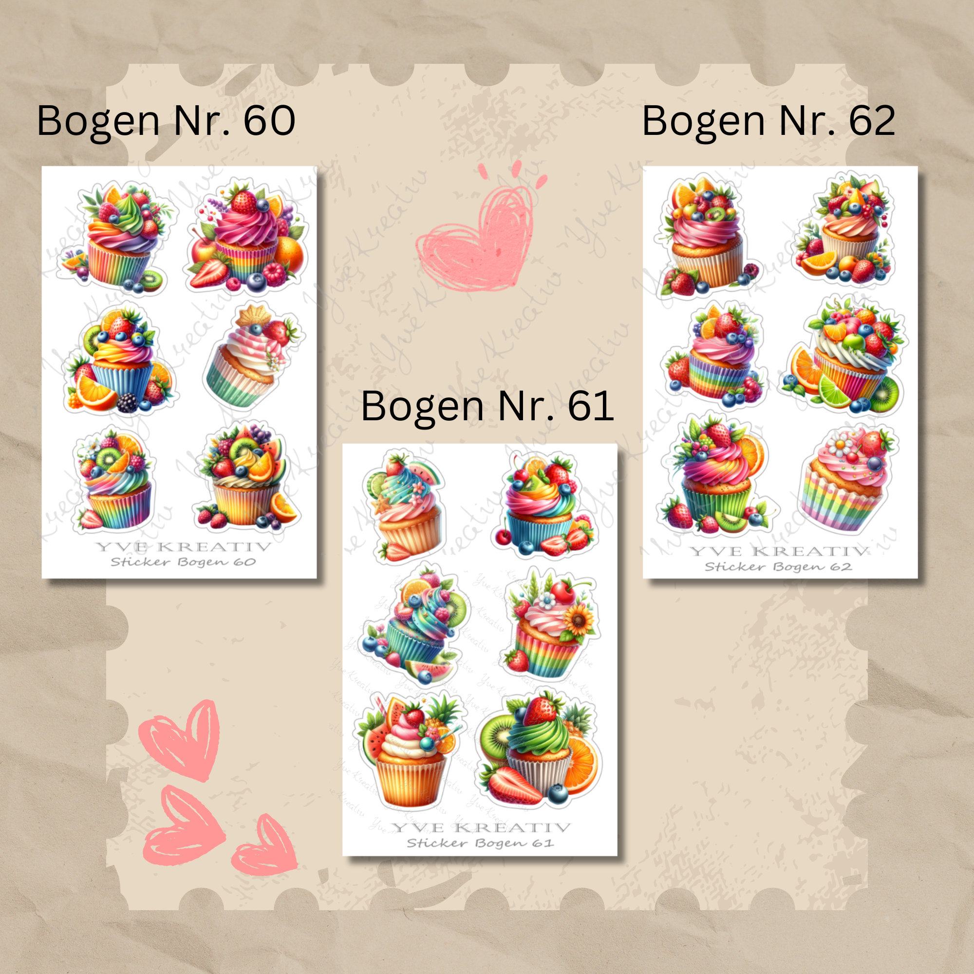 Sticker Bogen, Aufkleber, Cupcake, Muffin | Sticker Set - 3 Stickerbogen zur Auswahl in Weiß - Transparent - Matt - Glanz  #SBA6