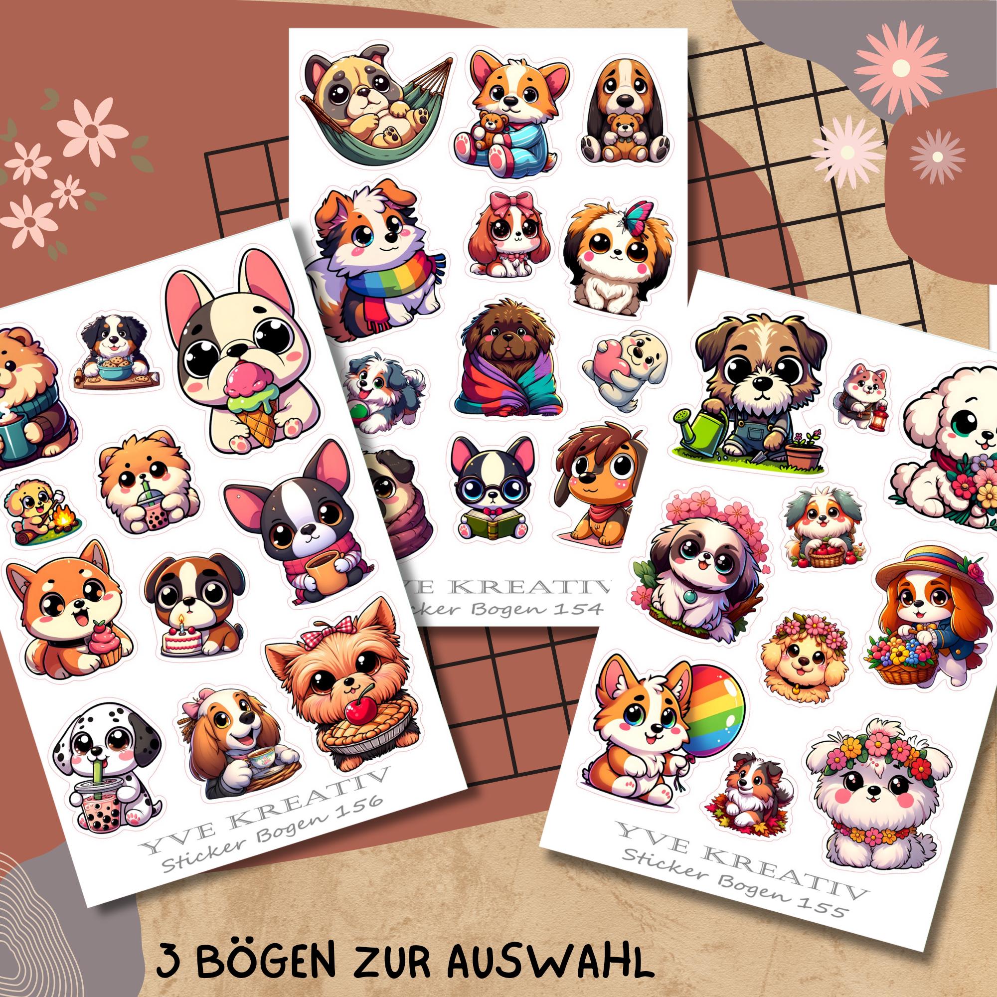 Aufkleber, Sticker Bogen, Hunde, Kawaii Dogs| Sticker Set - 3 Stickerbogen zur Auswahl in Weiß - Transparent - Matt - Glanz #SBA6