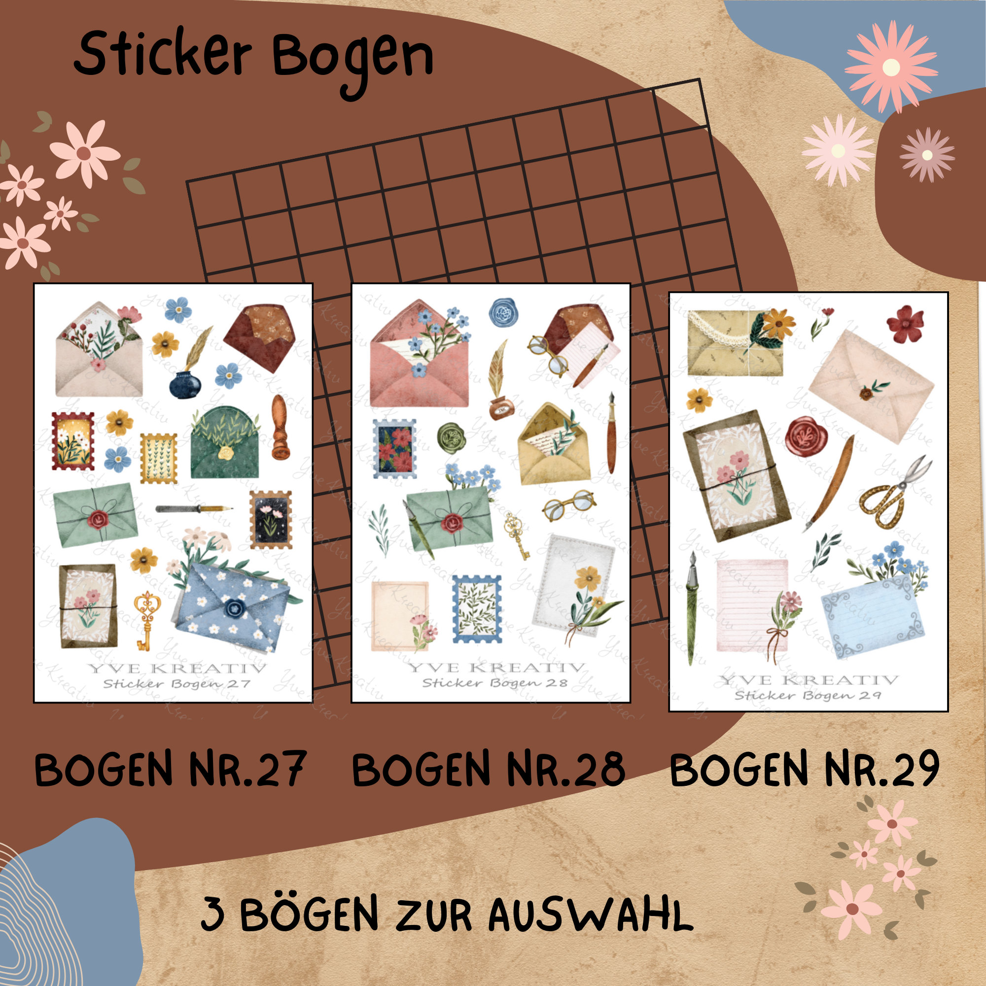 Stickerbogen " Briefe Romantsch Nostalgie " | Sticker Set - Aufkleber 3 Bögen zur Auswahl in Weiß - Transparent - Matt - Glanz  #SBA6