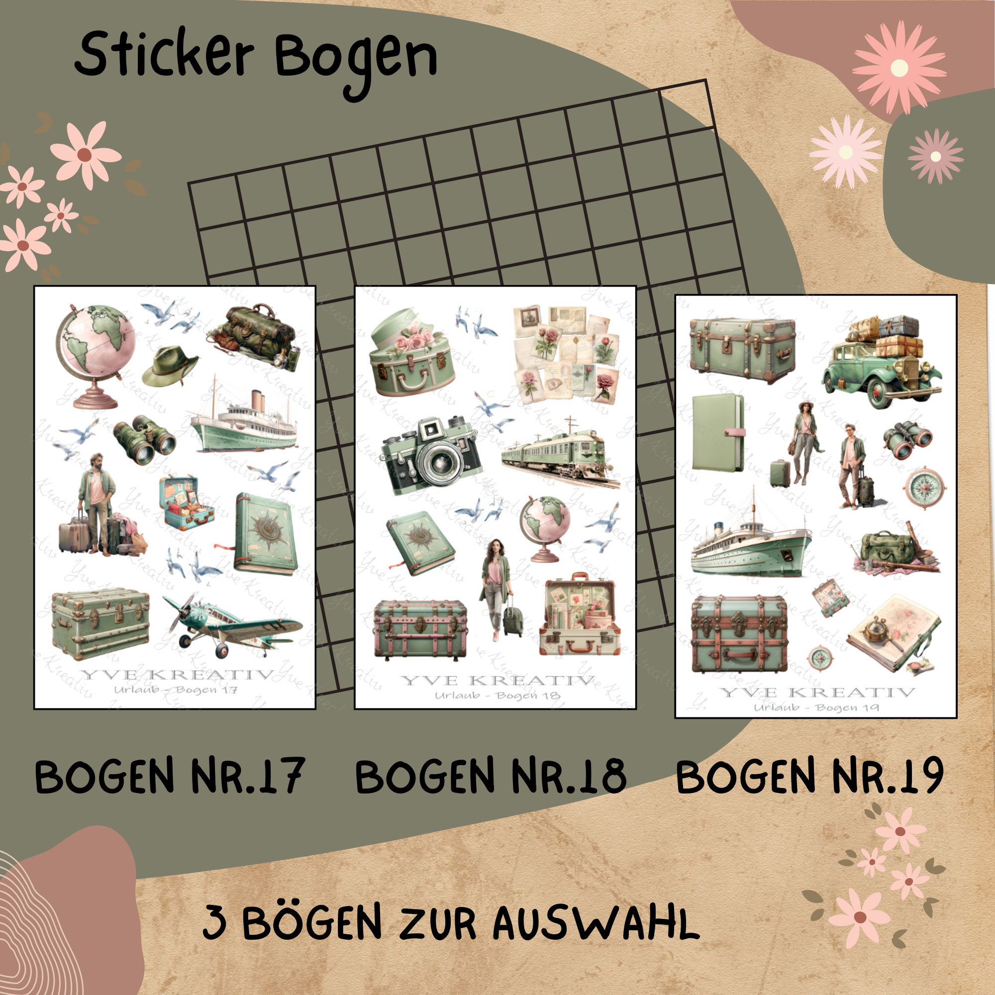 Sticker Bogen " Urlaub Reise Fernweh " | Sticker Set - Aufkleber 3 Stickerbogen zur Auswahl in Weiß - Transparent - Matt - Glanz