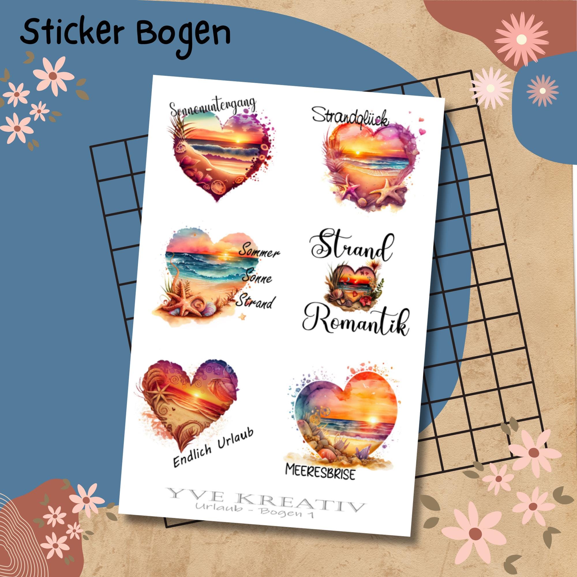 Sticker Bogen Aufkleber "Urlaub Strand Sonnenuntergang" | Stickerbogen -  Weiß - Transparent - Matt - Glanz #SBA6