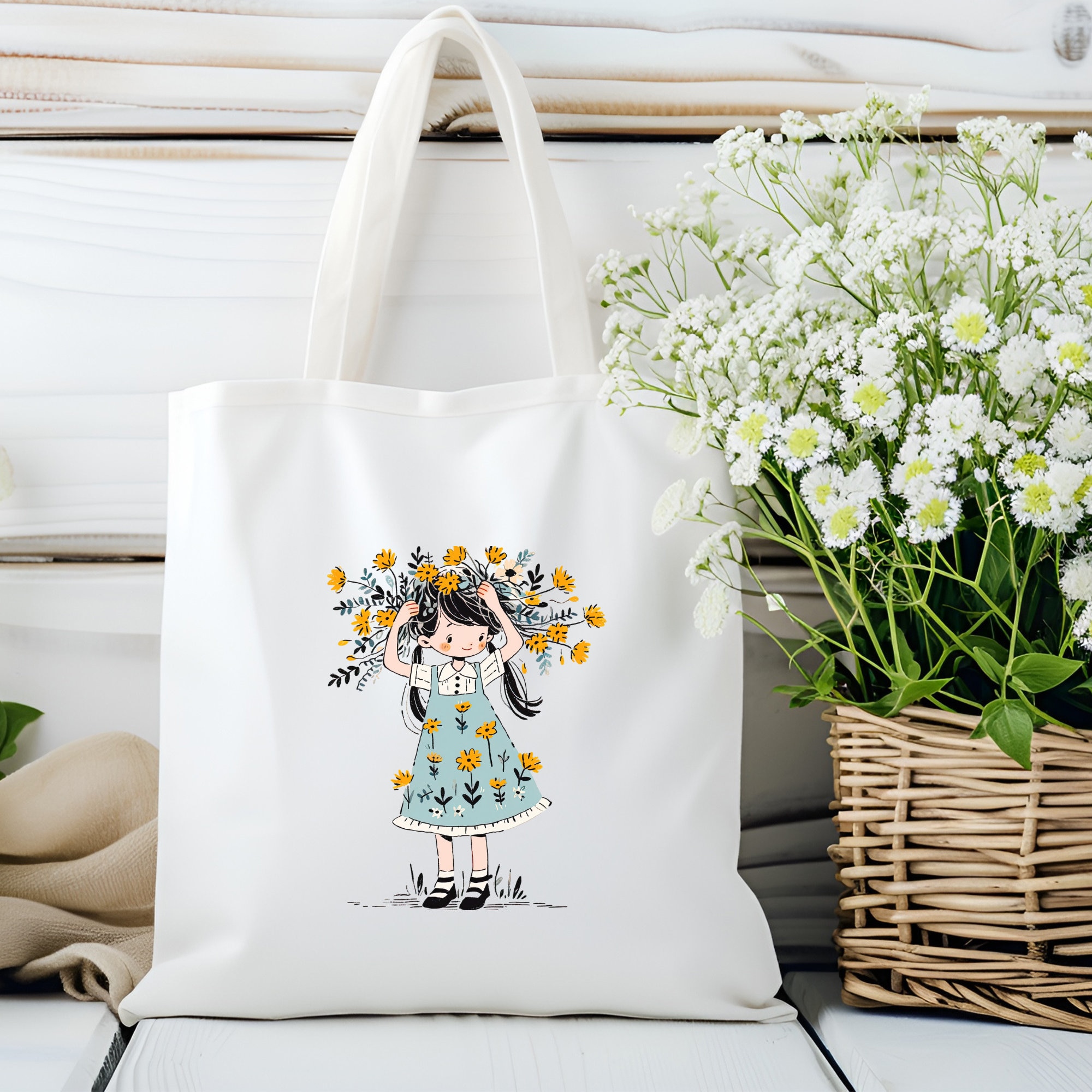 Stofftasche, Stoffbeutel, Einkaufstasche, Tasche, Geschenk, in Weiß oder Beige "Blumenmädchen"