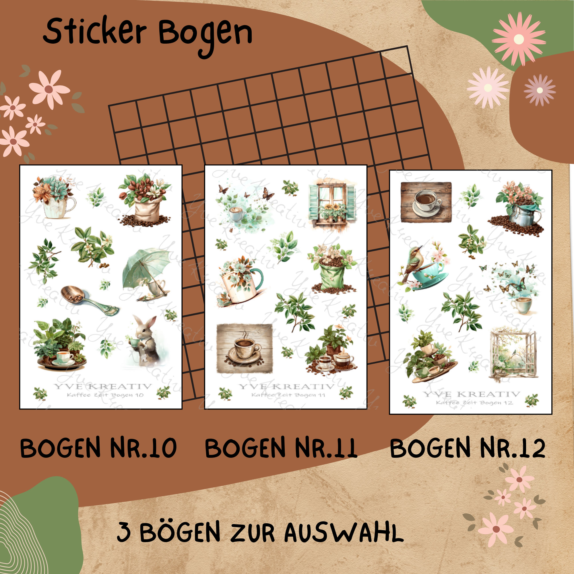 Sticker Bogen " Kaffee - Zeit für Dich " | Sticker Set - Aufkleber 3 Stickerbogen zur Auswahl in Weiß - Transparent - Matt - Glanz  #SBA6