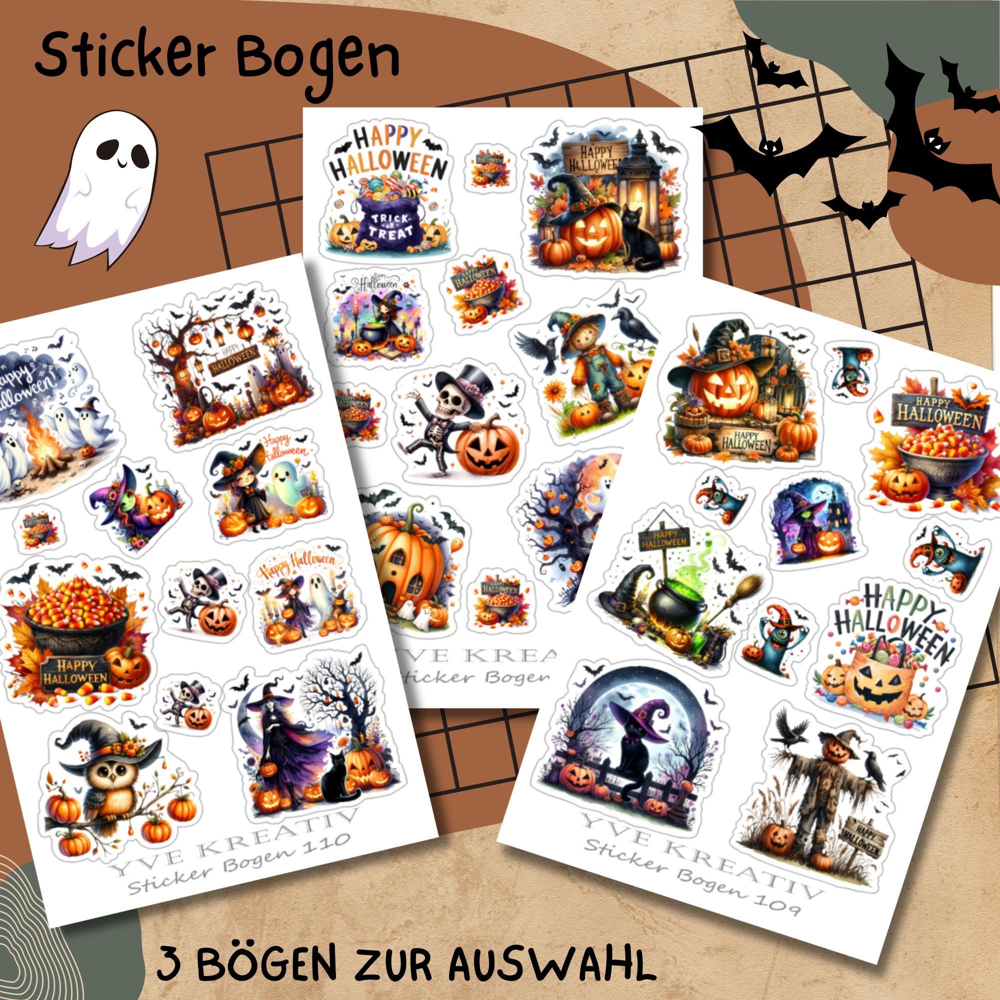 Halloween Stickerbogen, Grusel Aufkleber, Kürbis und Vampire Sticker Set, 3 Bögen zur Auswahl in Weiß - Transparent - Matt - Glanz  #SBA6