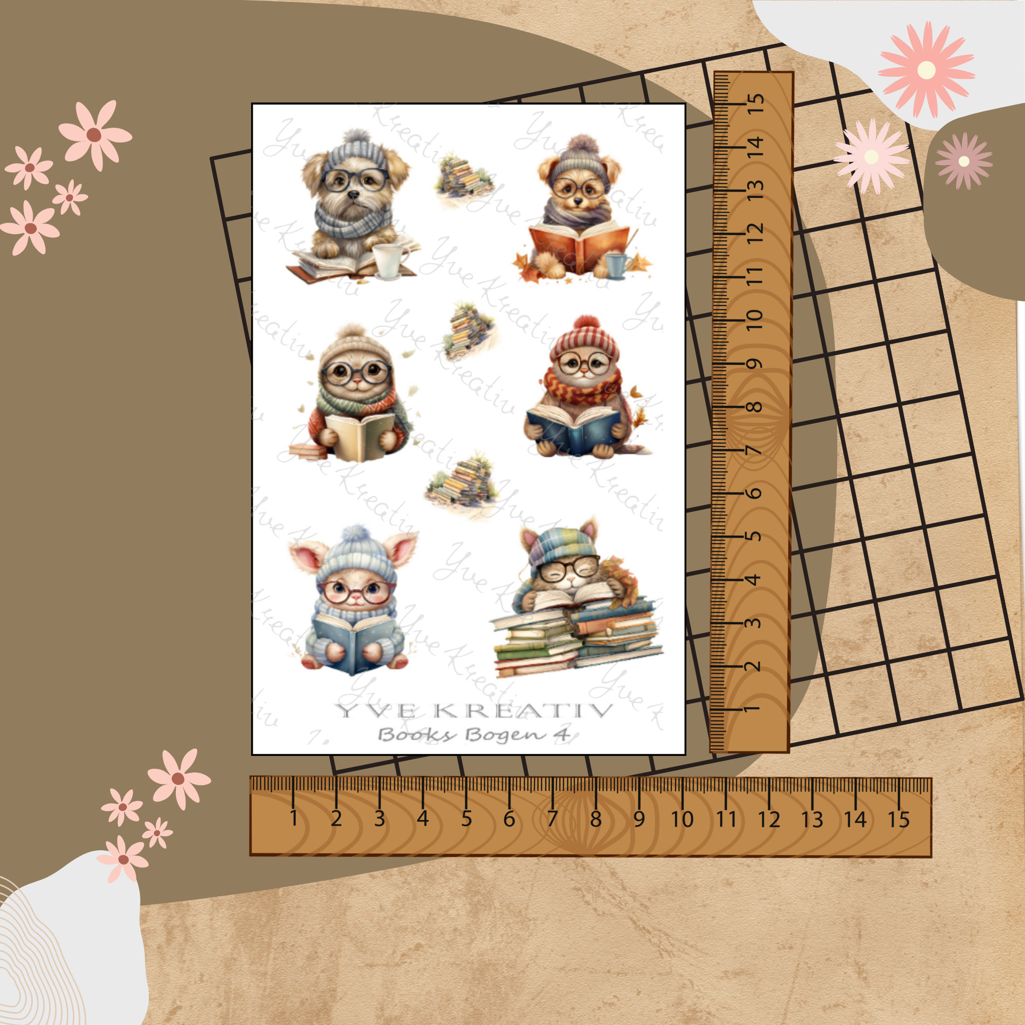 Sticker Bogen " Bücher Lesen - Tiere " | Sticker Set - Aufkleber 3 Stickerbogen zur Auswahl in Weiß - Transparent - Matt - Glanz  #SBA6