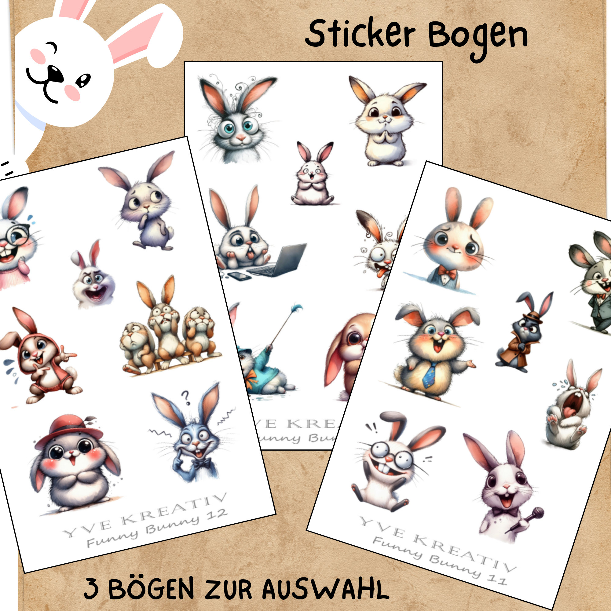 Sticker Bogen - "Funny Bunny" Lustige Häschen | Sticker Set - Journal Sticker - Aufkleber 3 Bögen zur Auswahl in Weiß oder Transparent