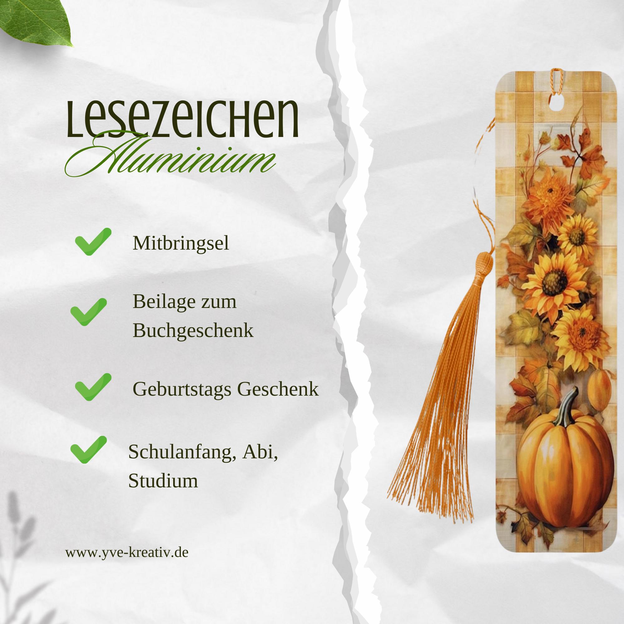 Lesezeichen aus Aluminium Sonnenblumen Kürbis Geschenk Herbst Mitbringsel Halloween Bücherzeichen Bookmark - 2 Motive zur Auswahl  #LEALU