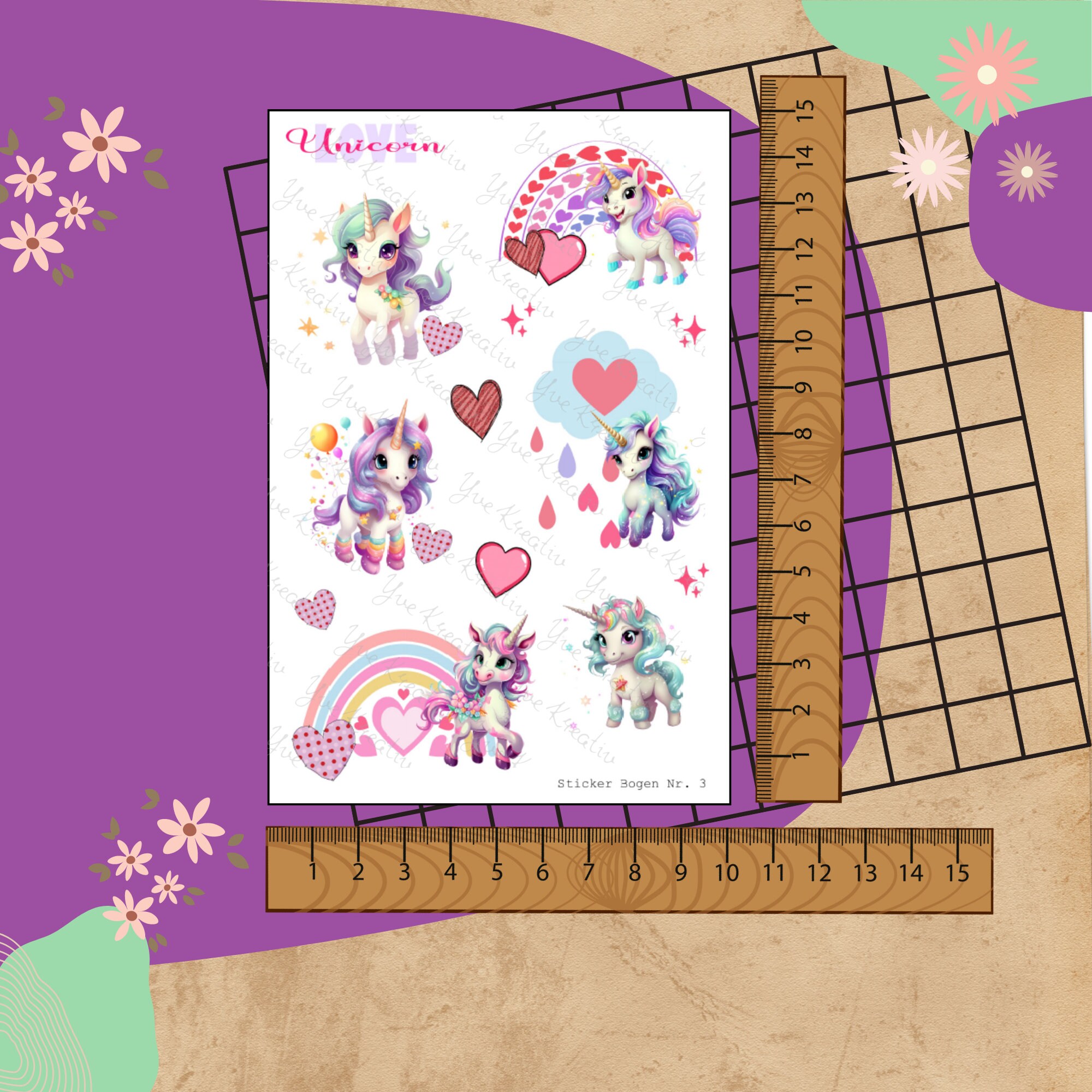Sticker Bogen Aufkleber Einhorn Love  | Sticker Set - Aufkleber 2 Stickerbogen zur Auswahl in Weiß - Transparent - Matt - Glanz  #SBA6