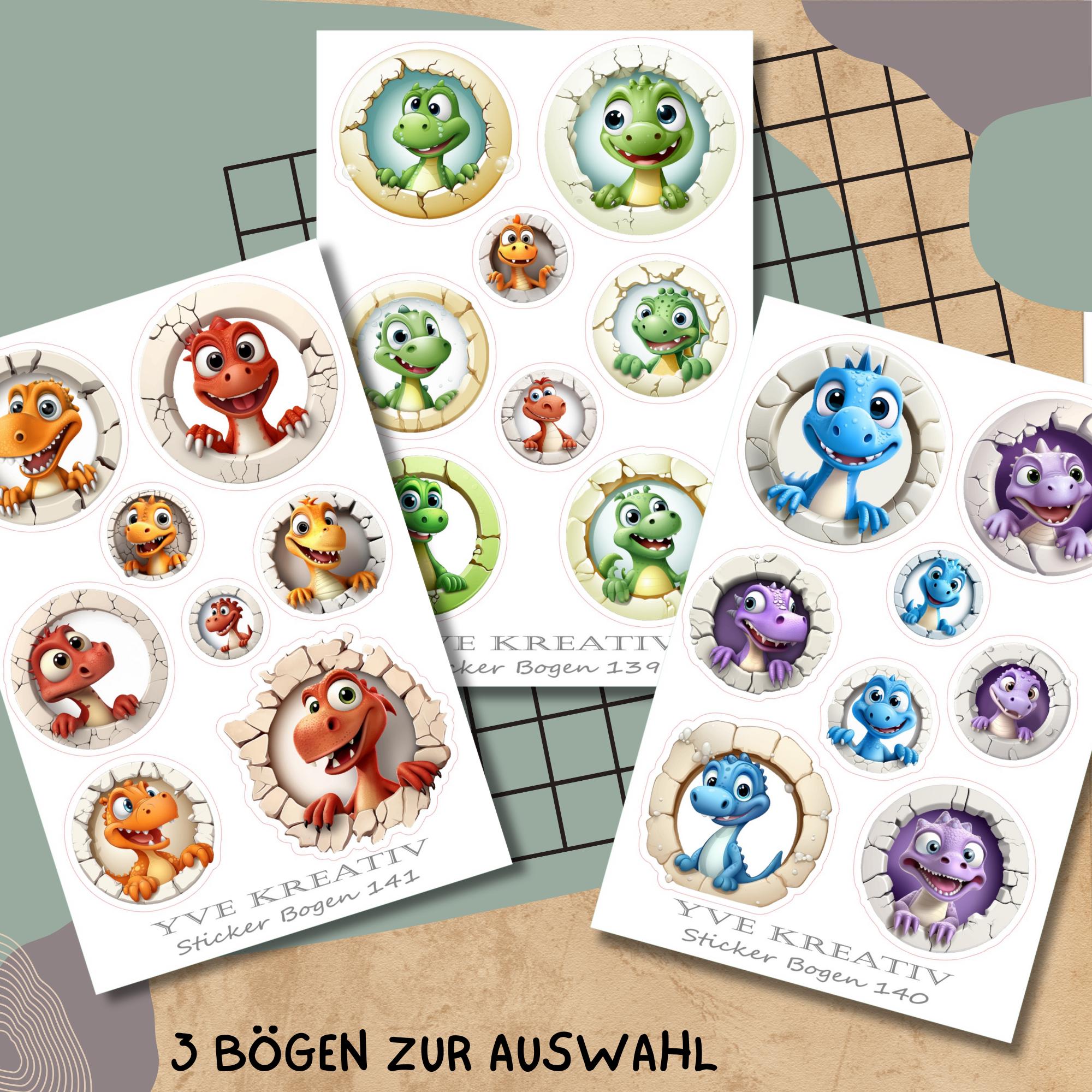 Aufkleber, Stickerbogen, Sticker Funny Dinos | Sticker Set - 3 Bögen zur Auswahl in Weiß - Transparent - Matt - Glanz  #SBA6