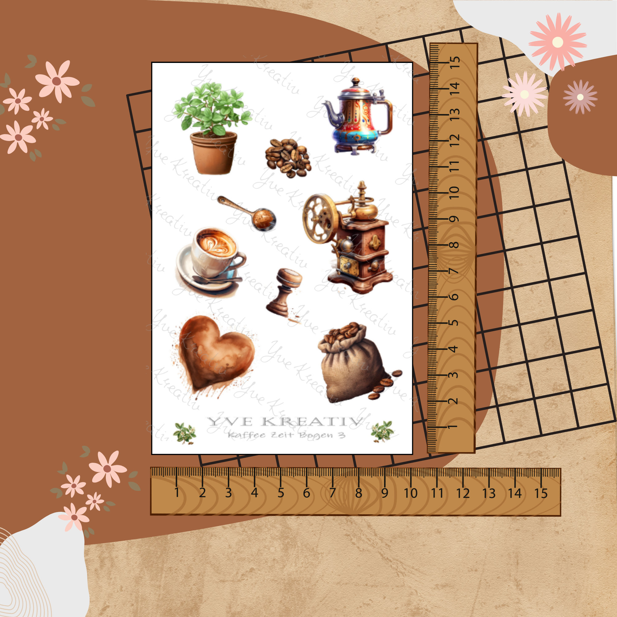 Aufkleber Sticker Bogen Kaffee - Zeit für Dich | Sticker Set - 3 Stickerbogen zur Auswahl in Weiß - Transparent - Matt - Glanz  #SBA6