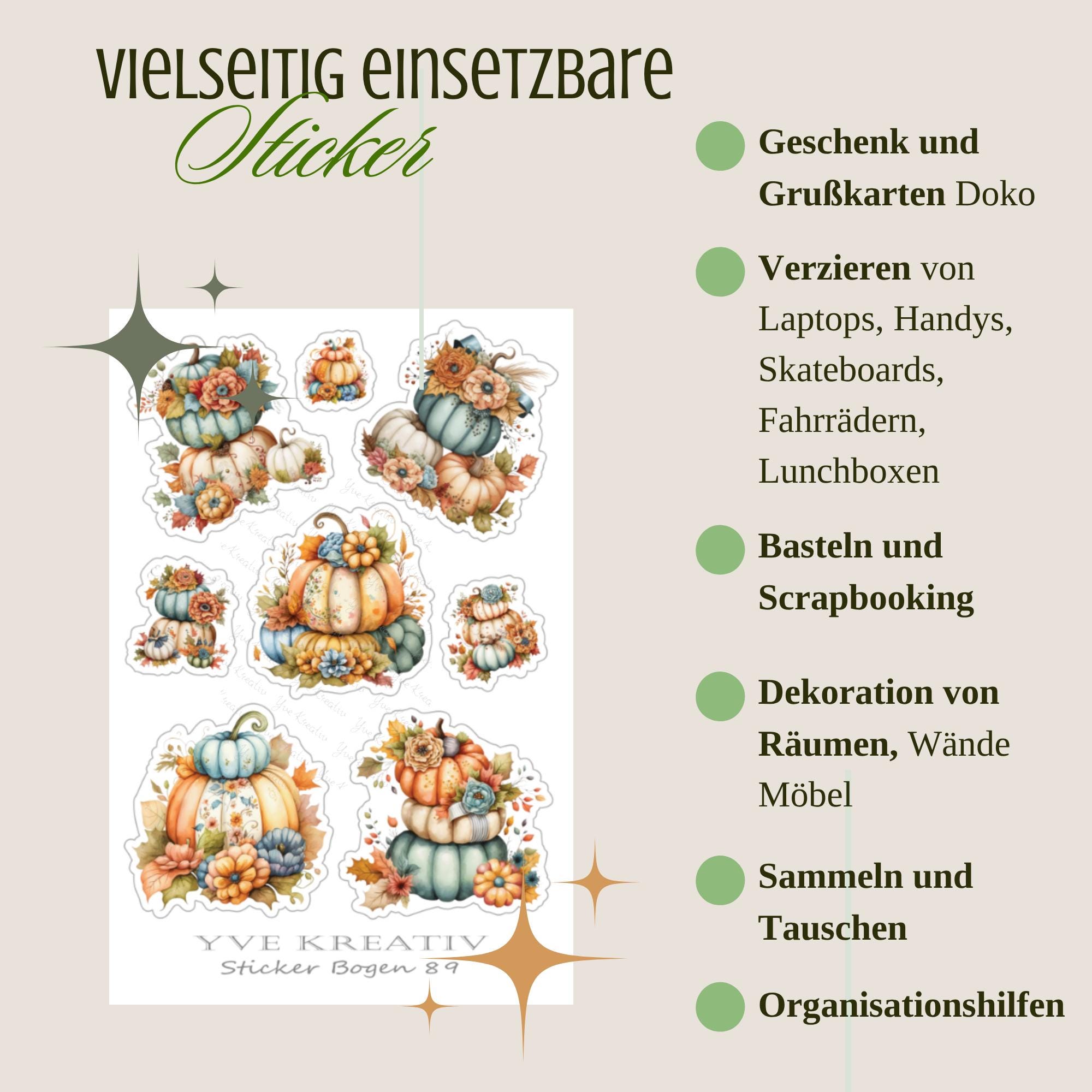 Kürbis Aufkleber Halloween Sticker Herbst Dekoration bunte Kürbisse Stickerbogen zur Auswahl in Weiß - Transparent - Matt - Glanz #SBA6