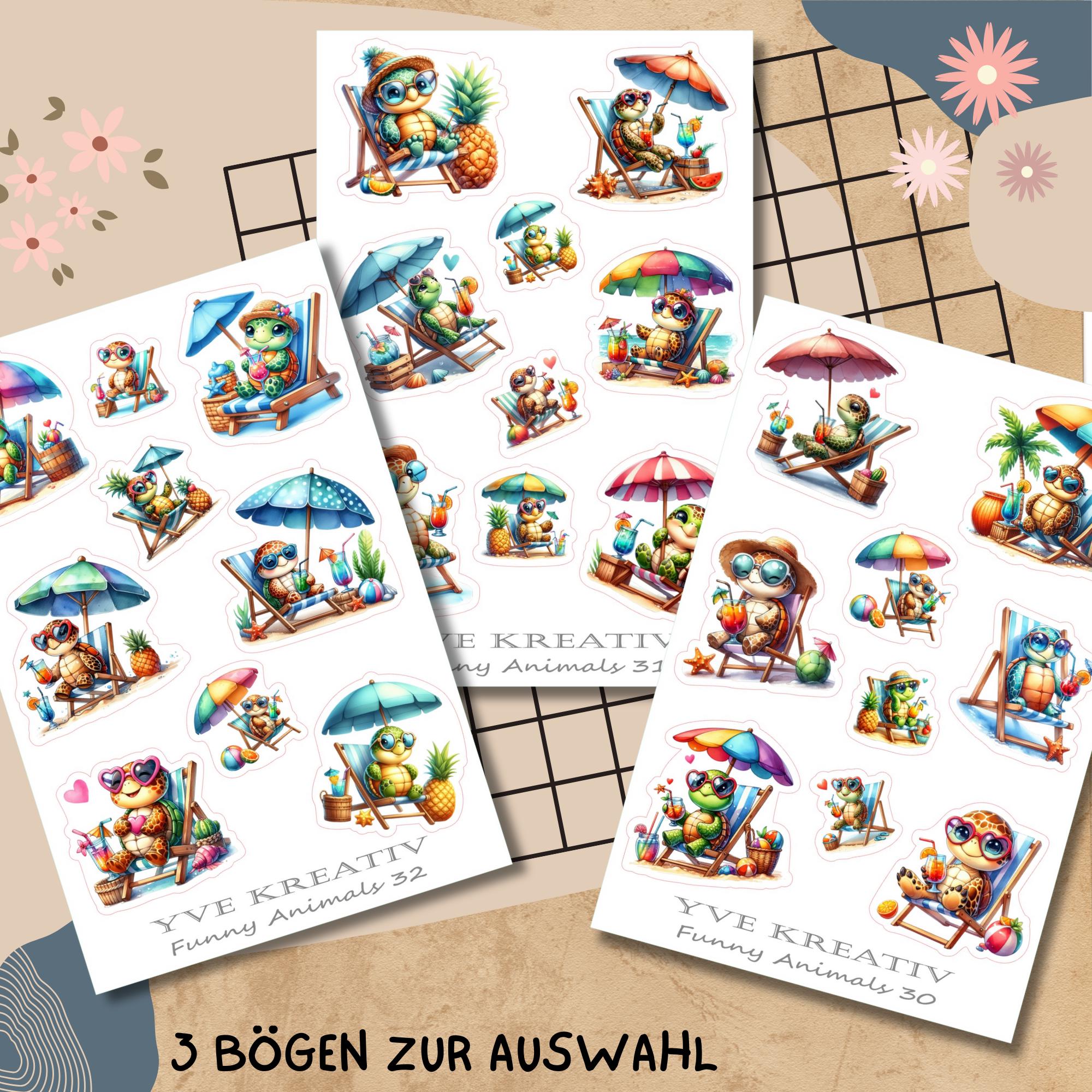 Aufkleber Bogen Sticker Sommer Urlaub Strand Schildkröte Sticker Set, Stickerbogen zur Auswahl in Weiß - Transparent - Matt - Glanz #SBA6