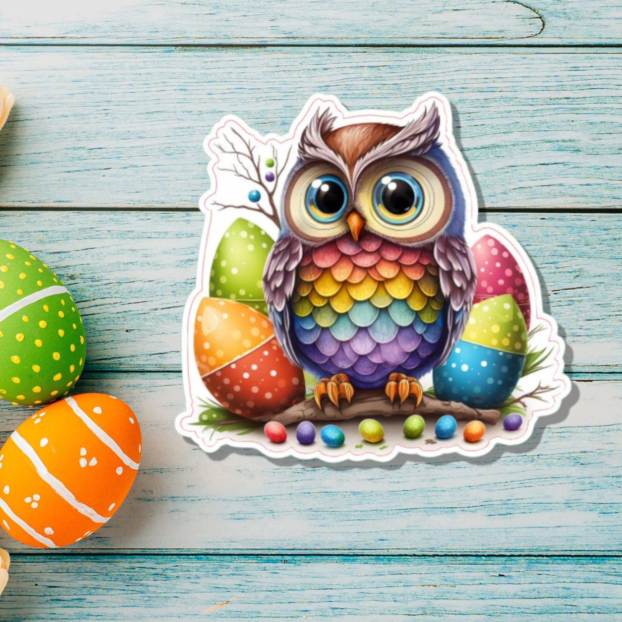 Aufkleber Ostern großer 8 cm Sticker Regenbogen Eule Deko Geschenkaufkleber - zur Auswahl in Weiß oder Transparent  #SEG8