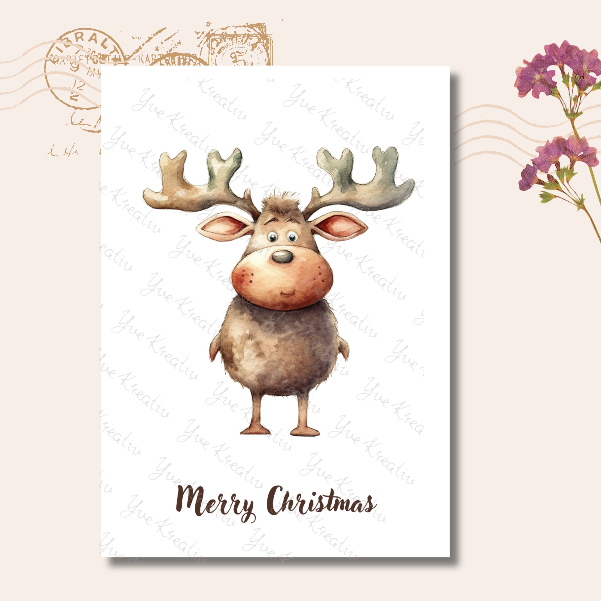 Postkarte, Grußkarte, Weihnachten, Rentier, Weihnachtskarte, Geschenkkarte I MIT oder OHNE Text "Merry Christmas"  #PLS