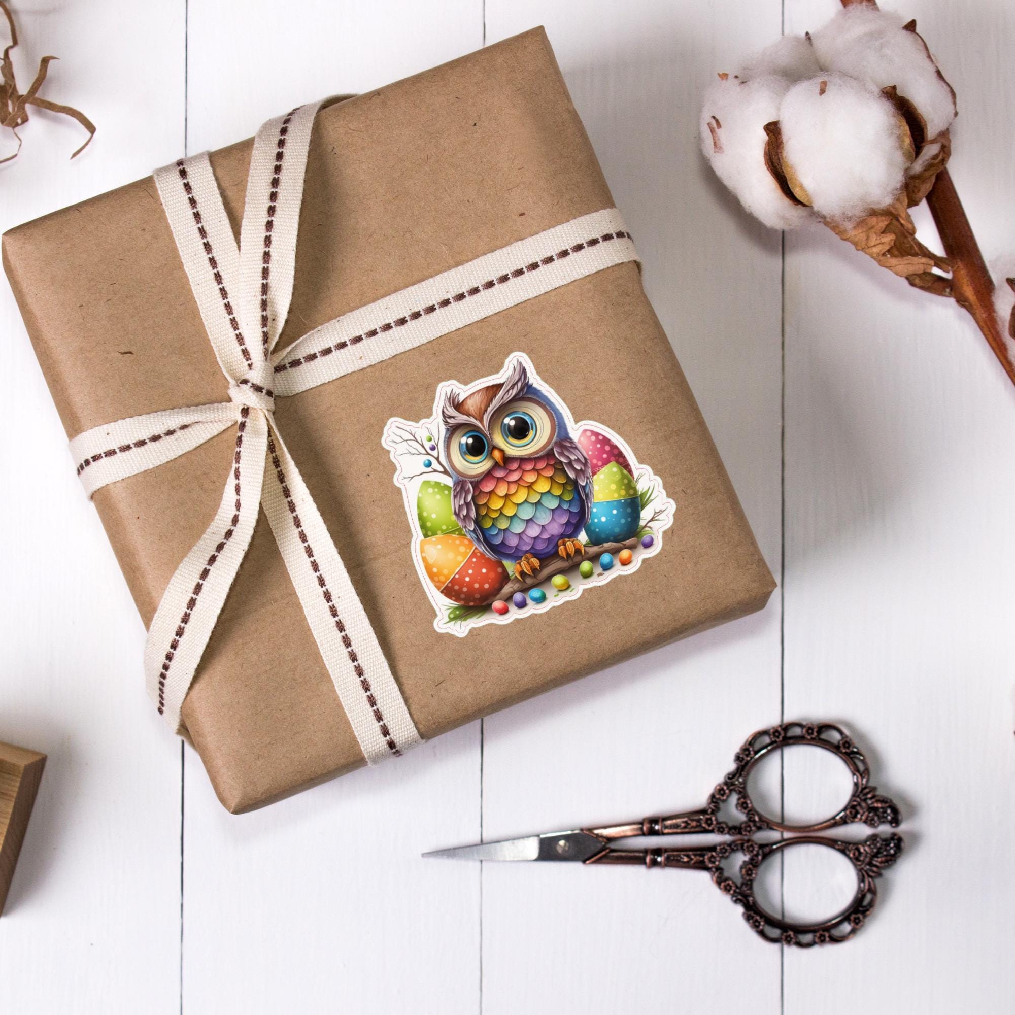Aufkleber Ostern großer 8 cm Sticker Regenbogen Eule Deko Geschenkaufkleber - zur Auswahl in Weiß oder Transparent  #SEG8