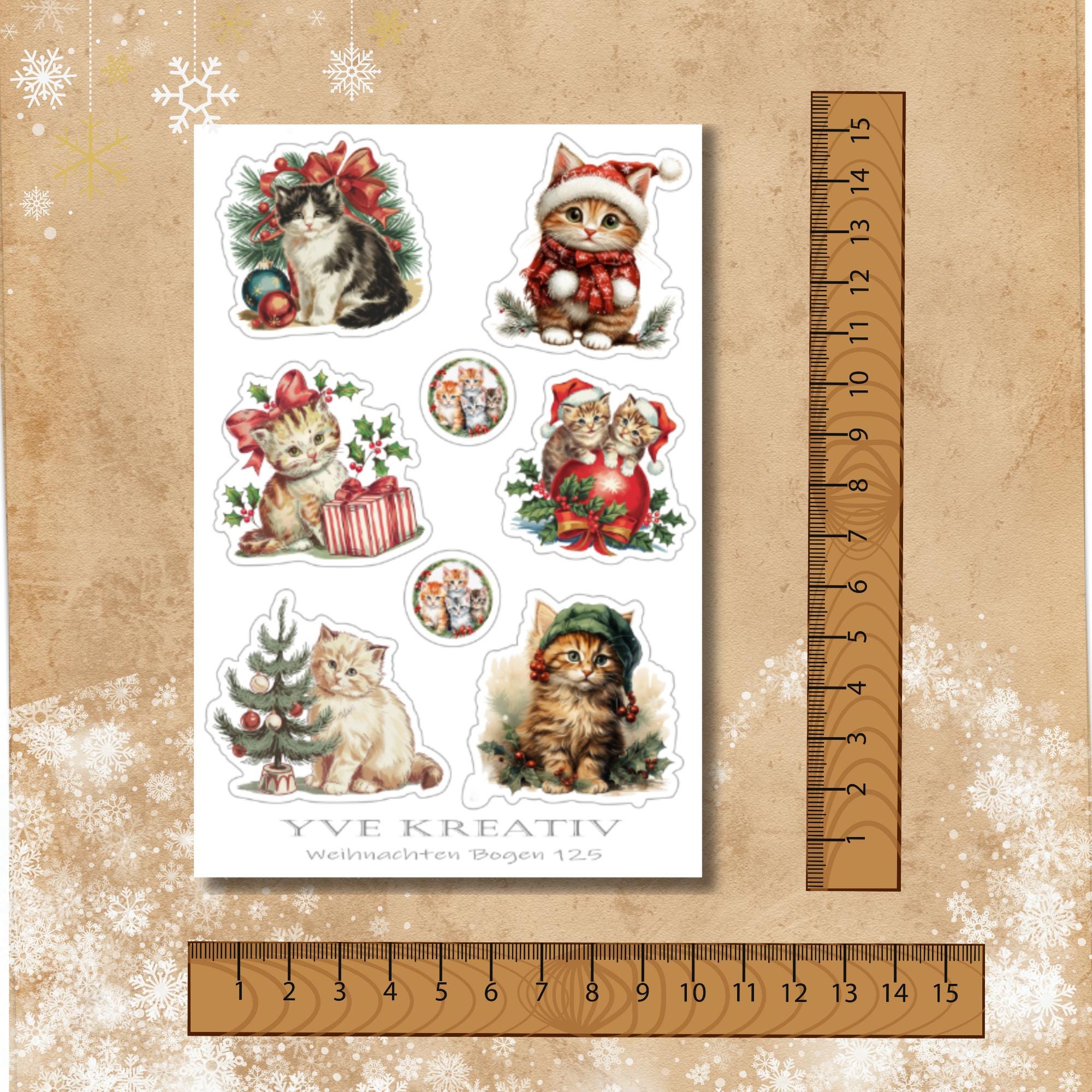 Aufkleber, Weihnachts Katzen, Sticker - 2 Stickerbogen zur Auswahl in Weiß - Transparent - Matt - Glanz  #SBA6