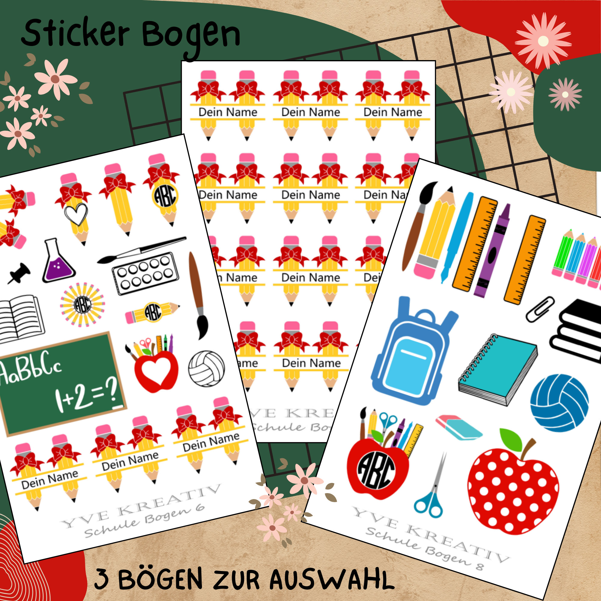 Sticker Bogen " Schule Einschulung " personalisierbar | Set - Aufkleber 3 Stickerbogen zur Auswahl in Weiß - Transparent - Matt - Glanz