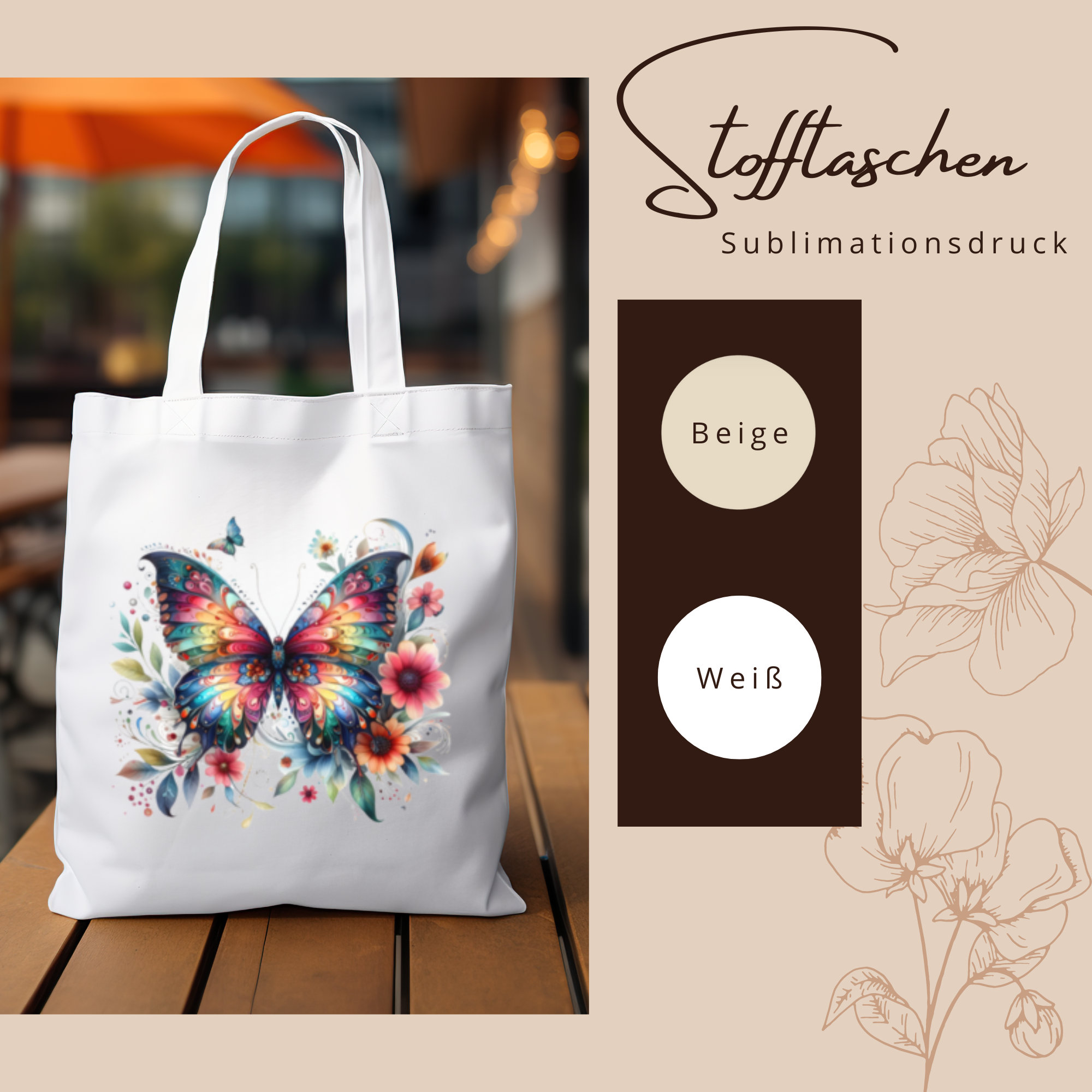 Stofftasche, Stoffbeutel, "Schmetterling, Romantik", Einkaufstasche, Tasche, Geschenk zum Muttertag, Geburtstag, in Weiß oder Beige  #STSUB