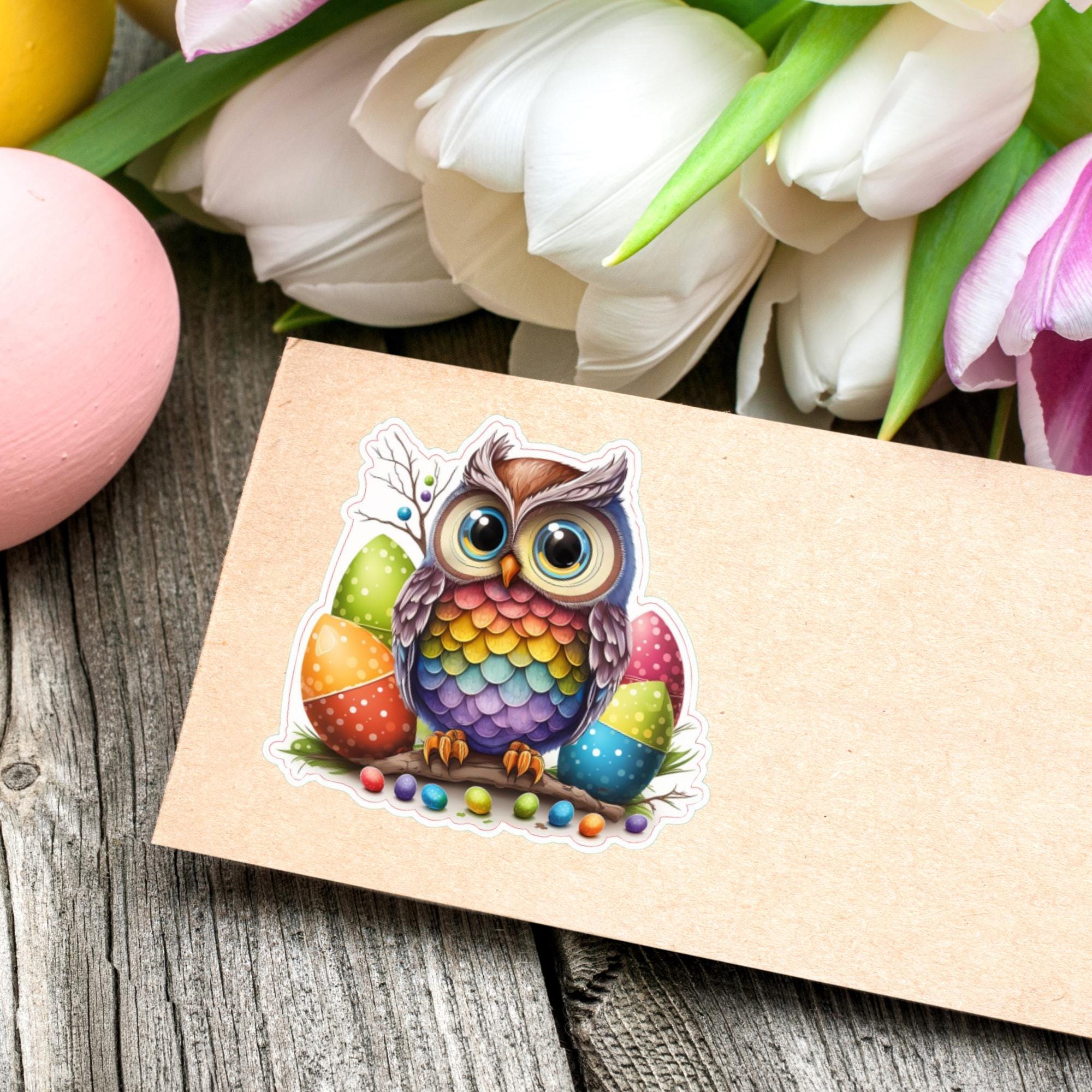 Aufkleber Ostern großer 8 cm Sticker Regenbogen Eule Deko Geschenkaufkleber - zur Auswahl in Weiß oder Transparent  #SEG8