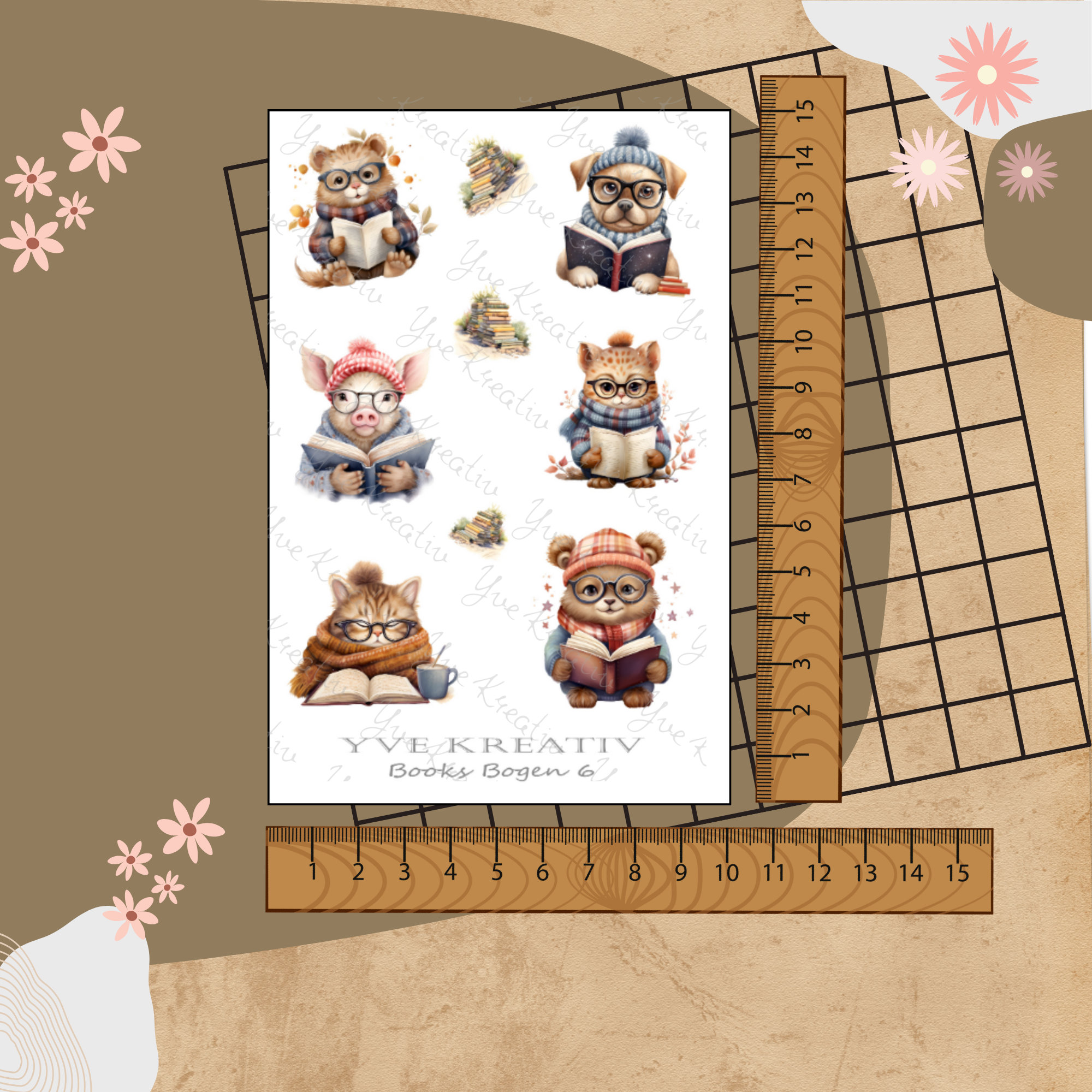 Sticker Bogen " Bücher Lesen - Tiere " | Sticker Set - Aufkleber 3 Stickerbogen zur Auswahl in Weiß - Transparent - Matt - Glanz  #SBA6