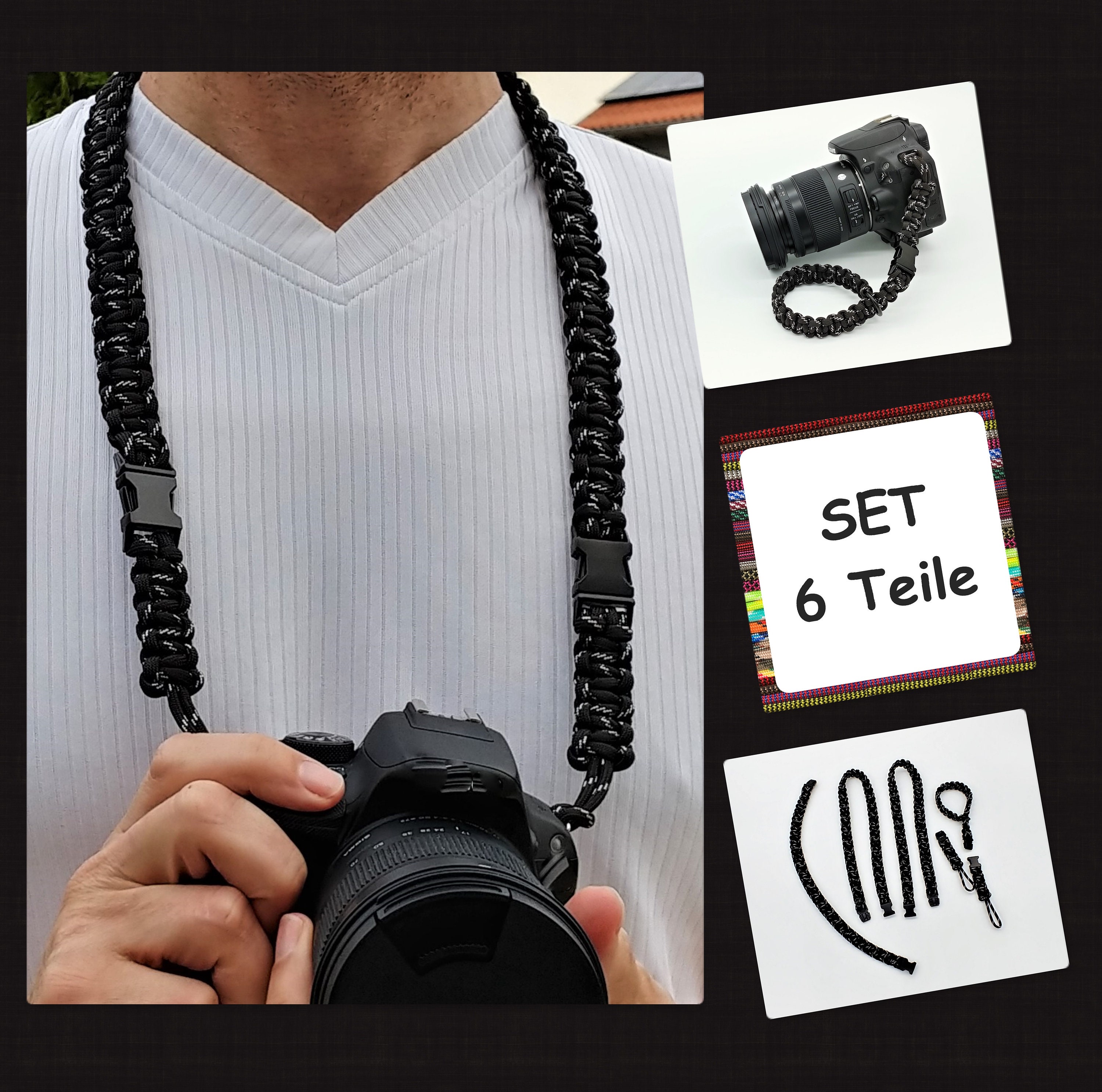 6 tlg. SET Kameragurt inkl. Handschlaufe geknotet aus Parachute Cord (Fallschirmschnur) Kamera Zubehör - Farbe "Schwarz" 6 tlg. SET Kameragurt inkl. Handschlaufe geknotet aus Parachute Cord (Fallschirmschnur) Kamera Zubehör - Farbe "Schwarz"